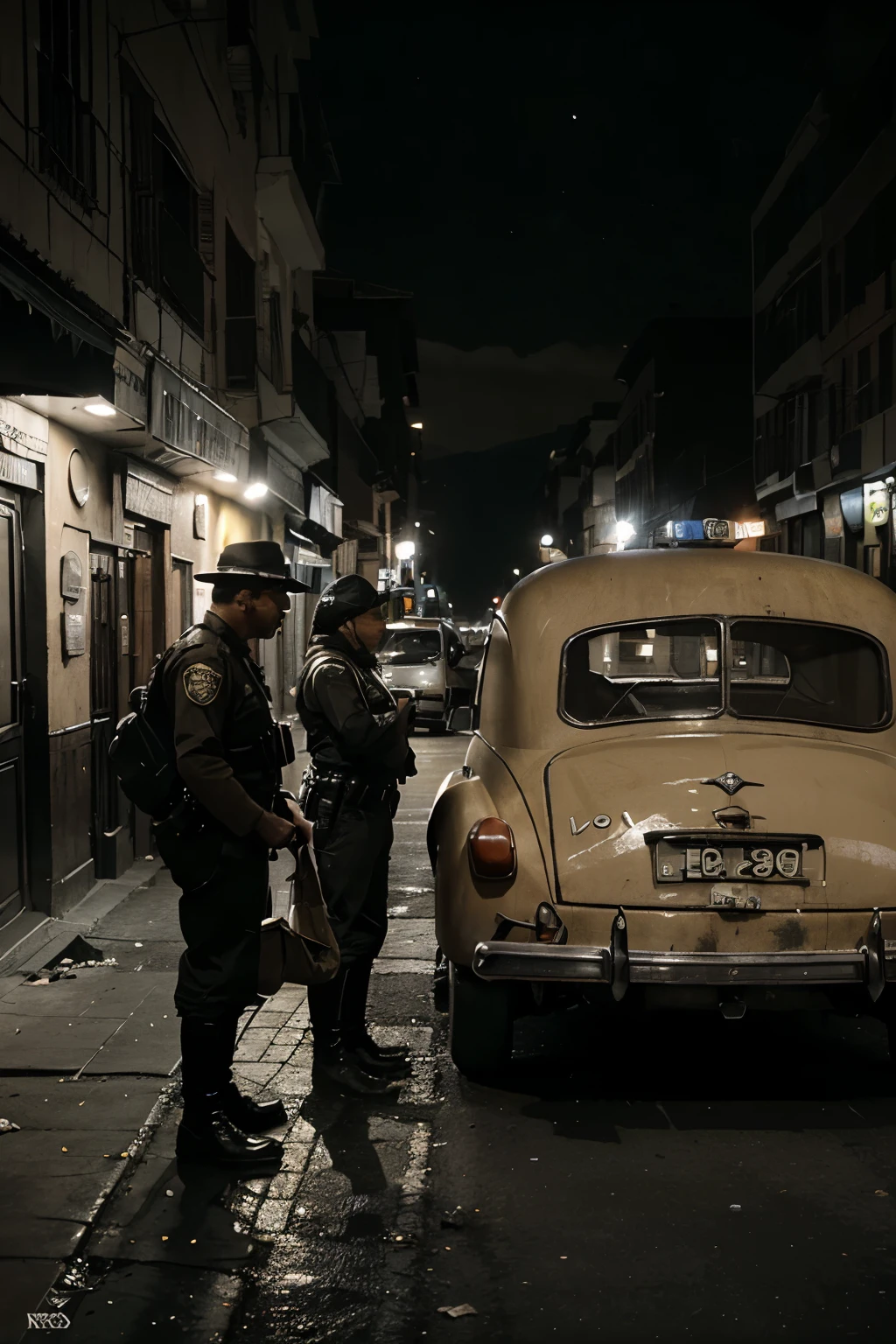 Photography in sepia, at night, Santiago de Chile 1940, Morandé with company, the scene of a crime, parked police vehicles, the area cordoned off, police investigating and a body covered by a white sheet
