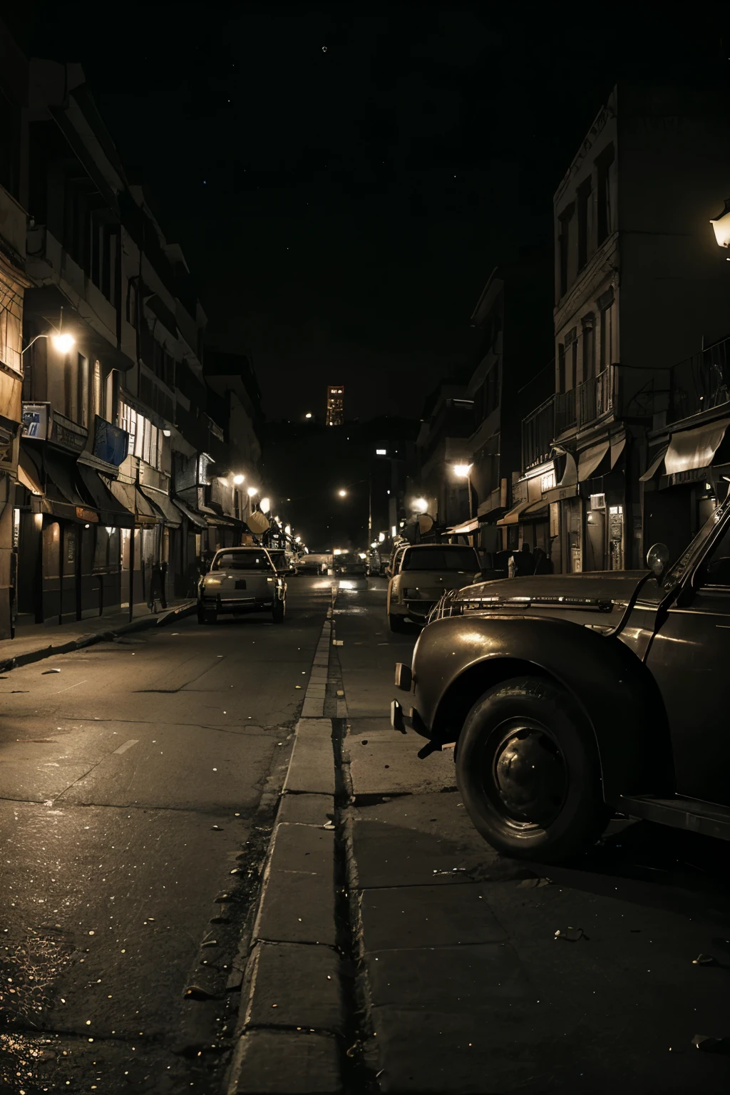 Photography in sepia, at night, Santiago de Chile 1940, Morandé with company, the scene of a crime, parked police vehicles, the area cordoned off, police investigating and a body covered by a white sheet