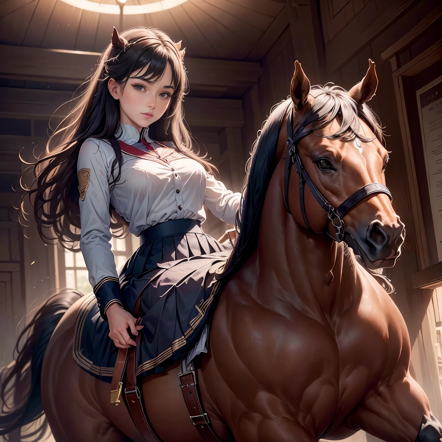 retina, table top, Accurate, ((anatomically correct)), rough skin, Super detailed, advanced details, high quality, award-winning, 最high quality, High resolution, 8K,British equestrian of female aristocracy、dynamism,powerful,(Overcoming obstacles on horseback),a classy woman,Beauty aristocracy,Equestrian School Uniforms,cute,Students and Female Teachers、Riding a horse with the reins in your hands、Feeling of sprinting、Running horses,(Horseback riding exercises),detailed face、Horse riding practice,Field Stadium、Diagram viewed diagonally from above、