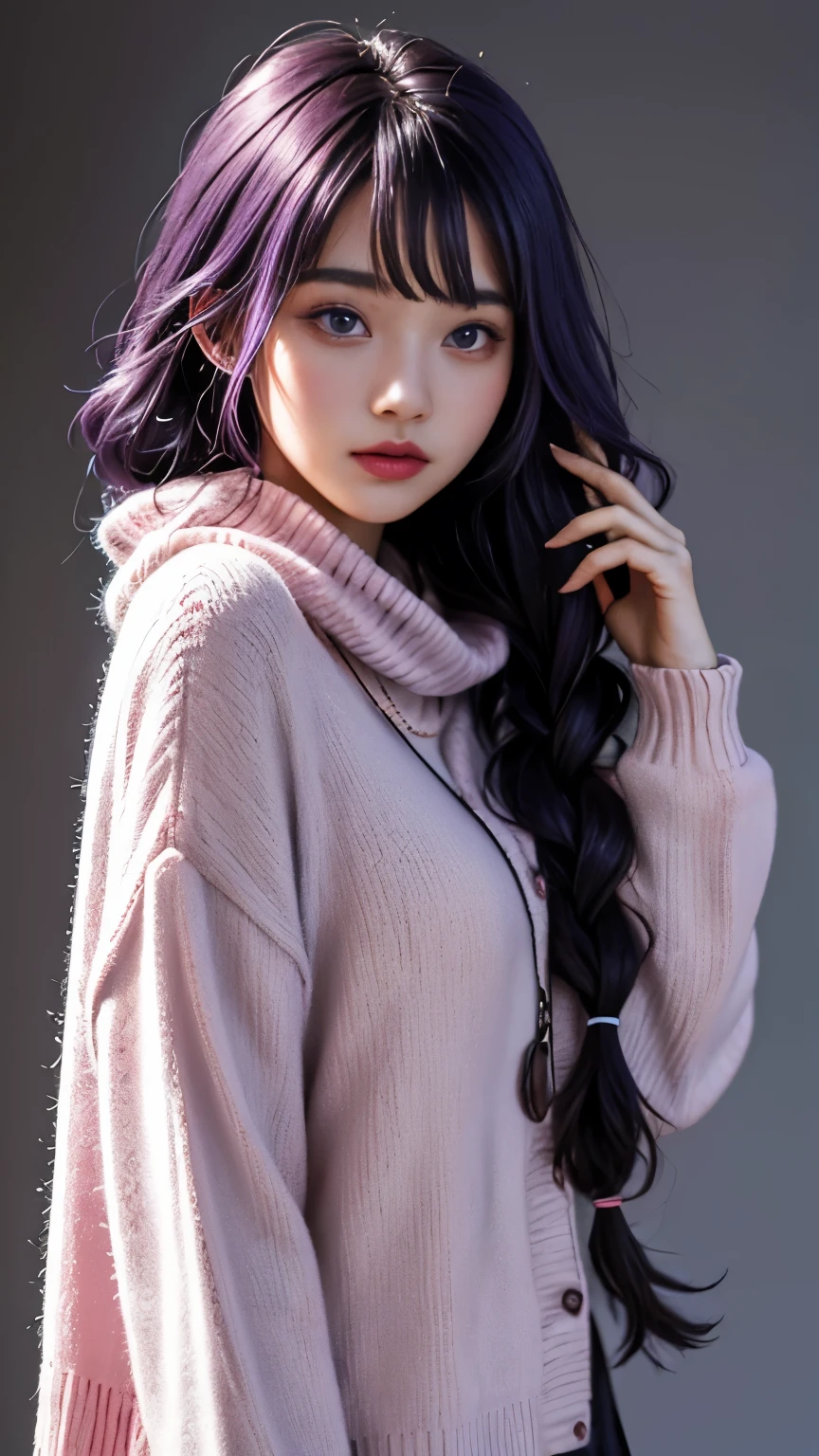 1 6 year old girl，Elementary school student wearing a red scarf，child，Cute *********** skin color，Purple hair big breasts、purple hair、long hair、single strand thick braid、purple eyes，Cute pink lips，wearing a bright shirt，in a pastel color palette aurorapunk style，Anime illustration of her face，Animated GIFs，Finger animation，Fascinating sketches，Smooth and shiny，Hazy，super blanket style，White background - AR 1:1--Niji 5--Stylistic expression--S 50，solid color background，No makeup，Super cute face without makeup