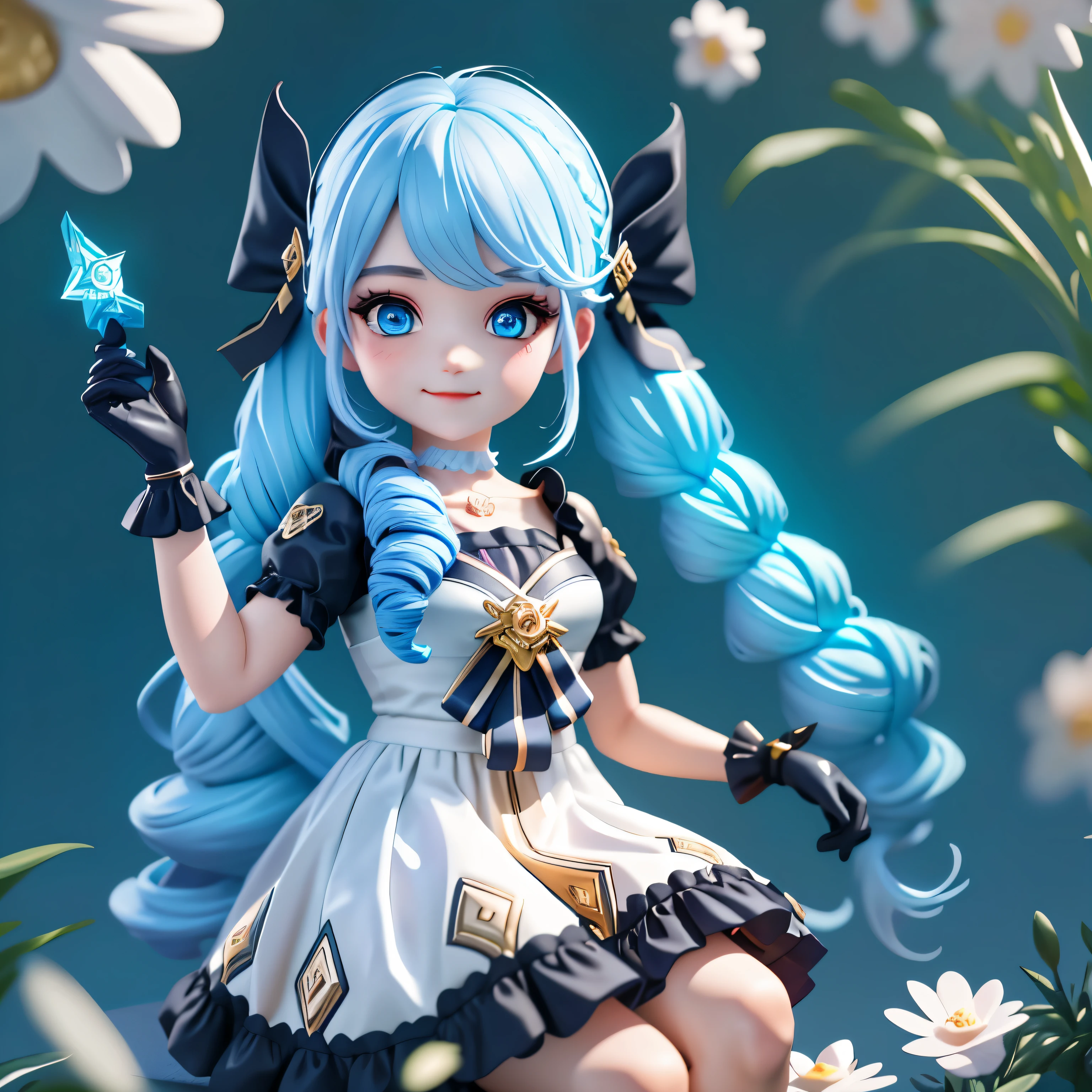 1 girl, Black bow, 黑Gloves, black socks, blue eyes, blue hair, clarkbone,Spiral braids, skirt, drill hair, frill skirt, decorate, Gloves, Gwen\(League of Legends), hair accessories,high resolution,league legend,long white hair,Chapped lips,puff sleeves,pink student,smiling,alone,White skirt,X,10号hair accessories,sitting down,sit,In the room,half naked,fine hair,Arm carving,blue hair,flowering,exquisite shoes,depiction of facial features,Exquisite facial features,Eye depiction,fine hair,popmart blind box,Clay texture,golden ratio,Black and white background,natural lighting,best quality,Super detailed,3D art,c4d, Overclocked renderer, 3d rendering, 8k,varied actions,blush blush,Q version,(Big head doll:2),gnome,Round toot