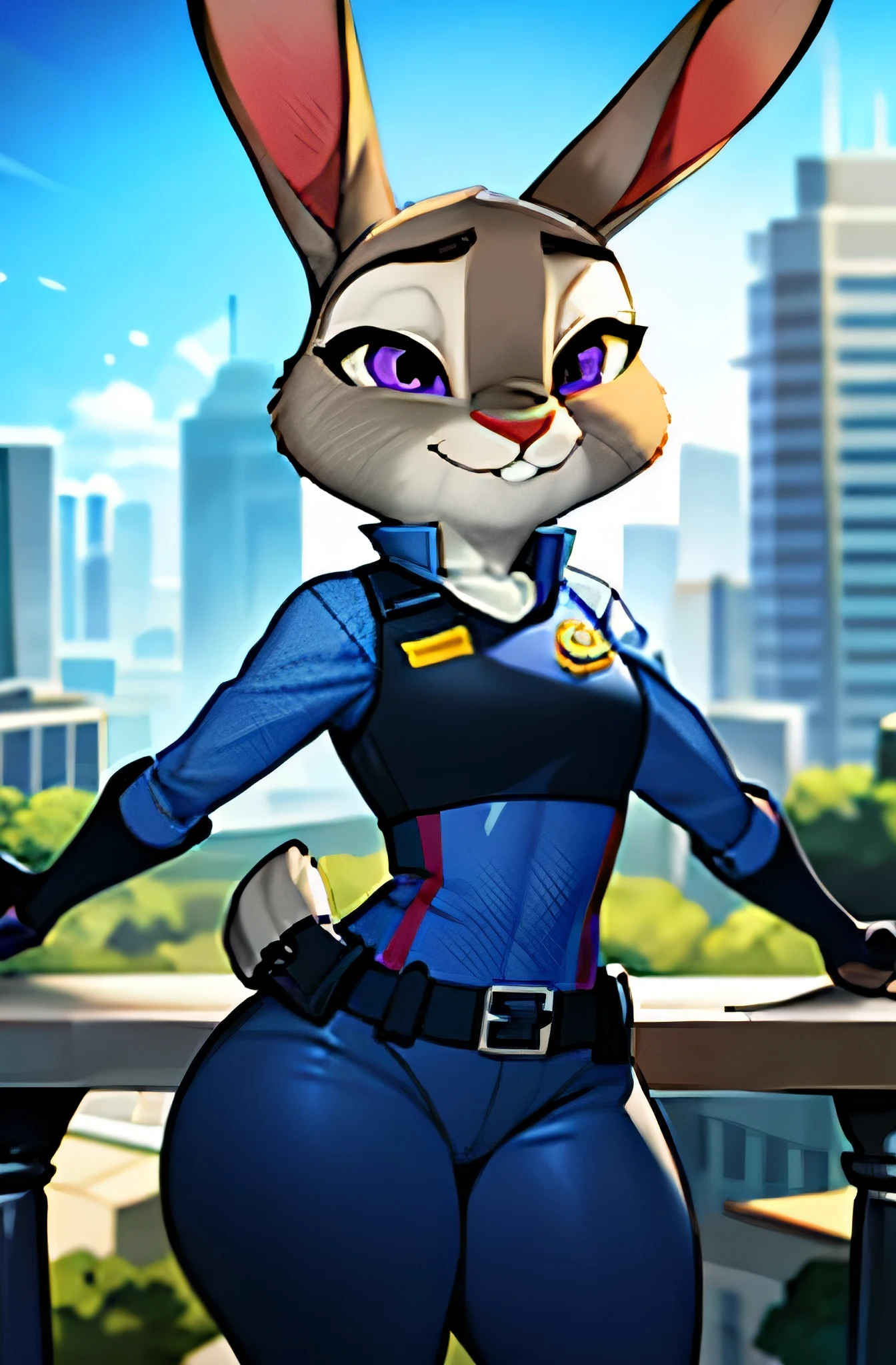 best quality, masterpiece, solo, 1girl, JudyHopps, police uniform,City, modern city,