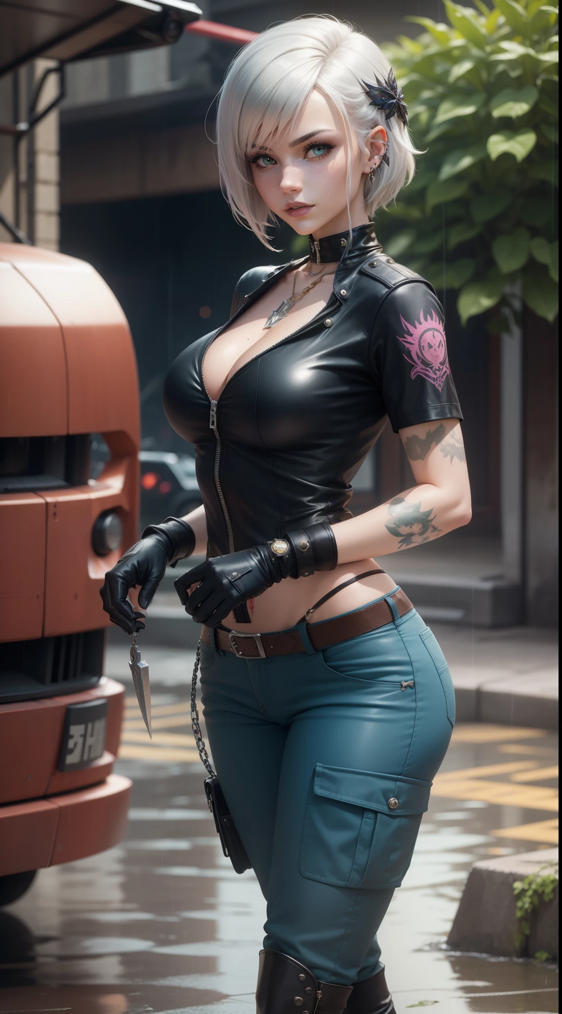 gwen tennyson,yorha 2b,akali,mordred,tracer, samus aran,overwatch,atelier ryza,close up,yakuza mansion,dragon tattoos,white and gold plugsuit,black short sleeve sport top,chain wallet,royal blue short sleeve punk jacket,royal blue cargo pants,short punk hair,punk makeup,green eyes,multicolored silver hair,punk gloves,sexy smile,freckles,beautiful girl,military boots,large breasts,8k,ultra detailed,realistic,fantasy art,hair pin,wet body,ear piercings,(weather:rainy),1girl, gold neck, hand, waist and head jewelry,hunting knife,