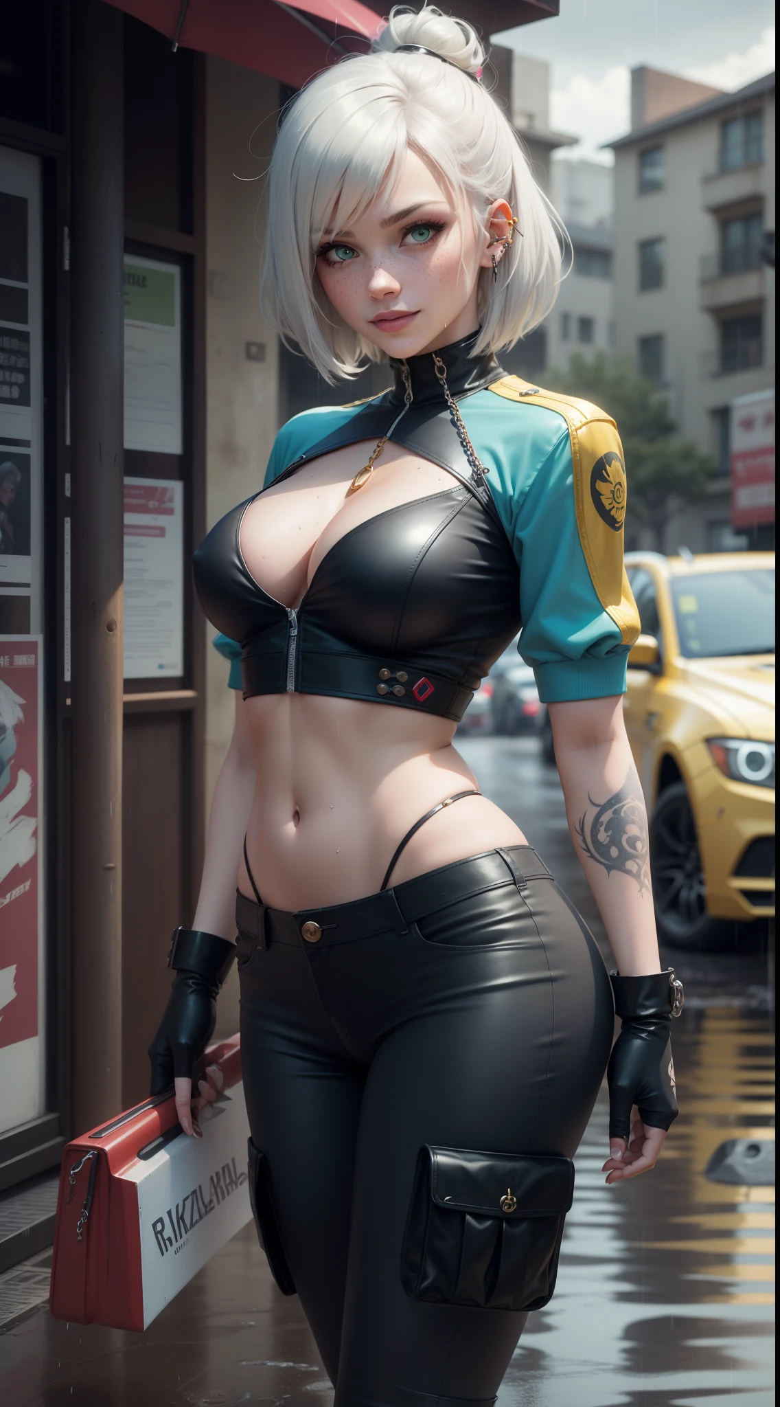 gwen tennyson,yorha 2b,akali,mordred,tracer, samus aran,overwatch,atelier ryza,close up,yakuza mansion,dragon tattoos,white and gold plugsuit,black short sleeve sport top,chain wallet,royal blue short sleeve punk jacket,royal blue cargo pants,short punk hair,punk makeup,green eyes,multicolored silver hair,punk gloves,sexy smile,freckles,beautiful girl,military boots,large breasts,8k,ultra detailed,realistic,fantasy art,hair pin,wet body,ear piercings,(weather:rainy),1girl, gold neck, hand, waist and head jewelry,hunting knife,