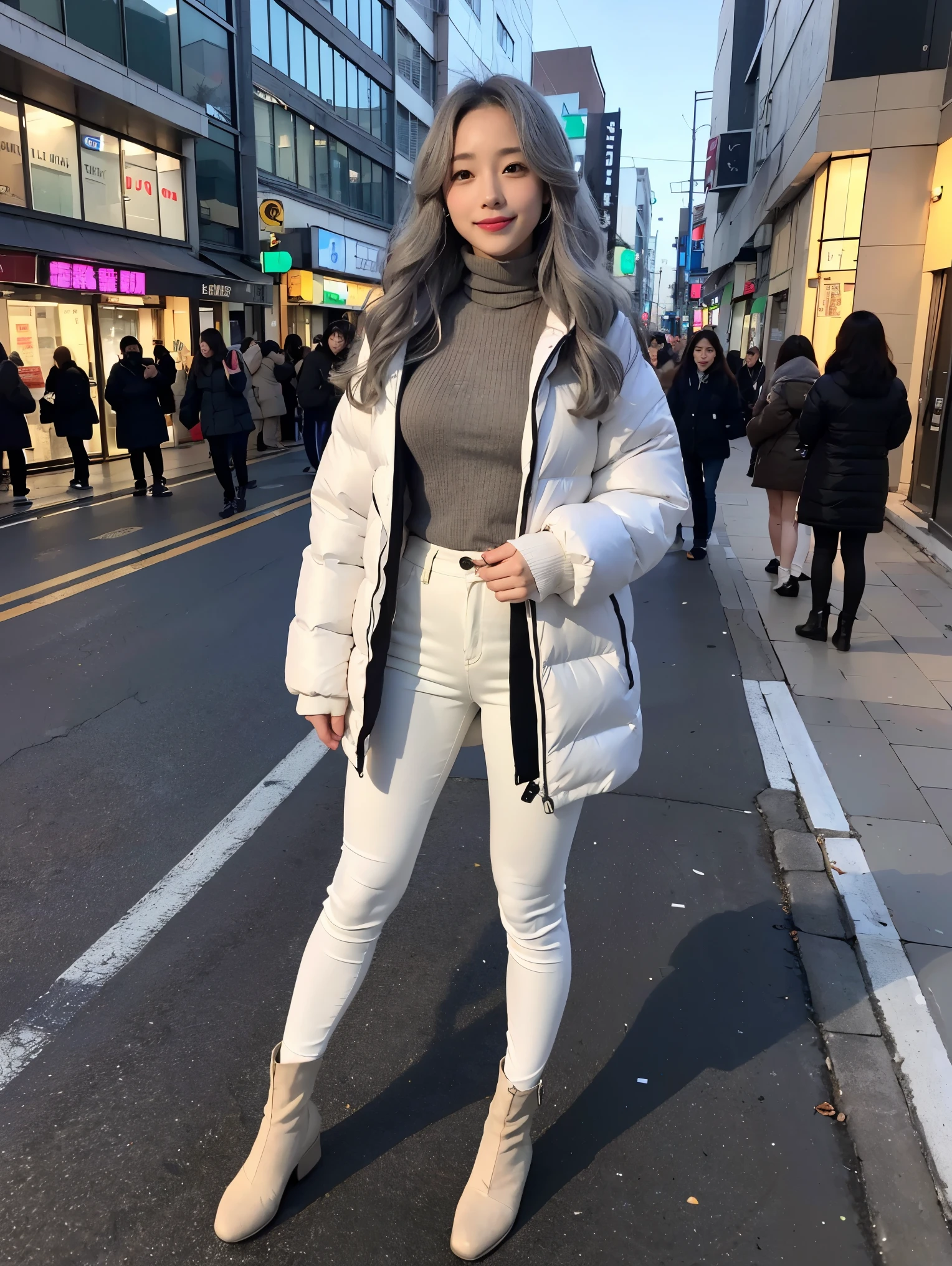 realistic, High resolution, 1 female, glowing skin, alone, wide lips,long hair,wavy hair,saggy breasts,small face,Gray color hair,Color Contacts,White down jacket,Takeshita Street streetscape,smile,Turtleneck sweater,Full body coordination