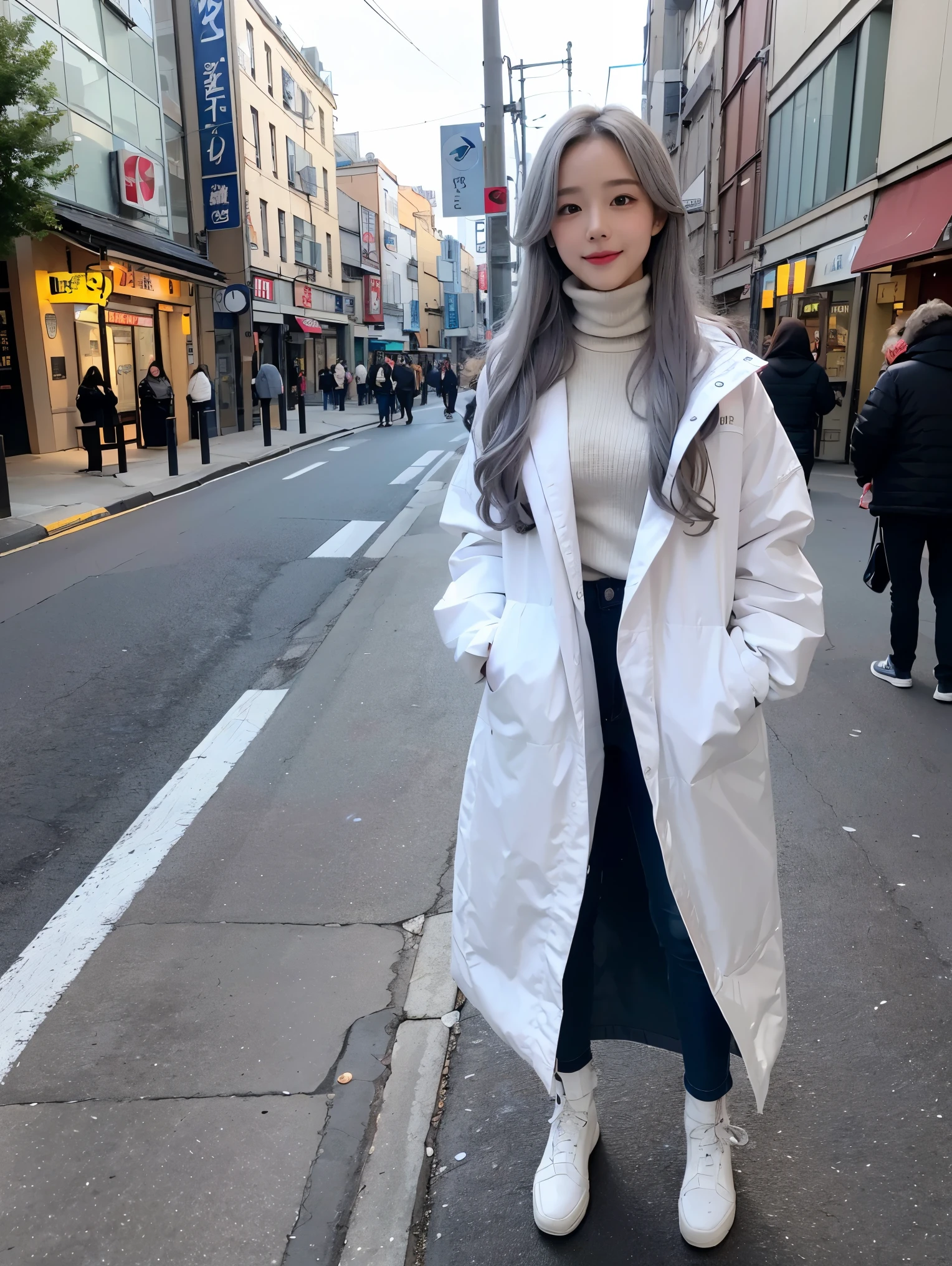 realistic, High resolution, 1 female, glowing skin, alone, wide lips,long hair,wavy hair,saggy breasts,small face,Gray color hair,Color Contacts,White down jacket,Takeshita Street streetscape,smile,Turtleneck sweater,Full body coordination