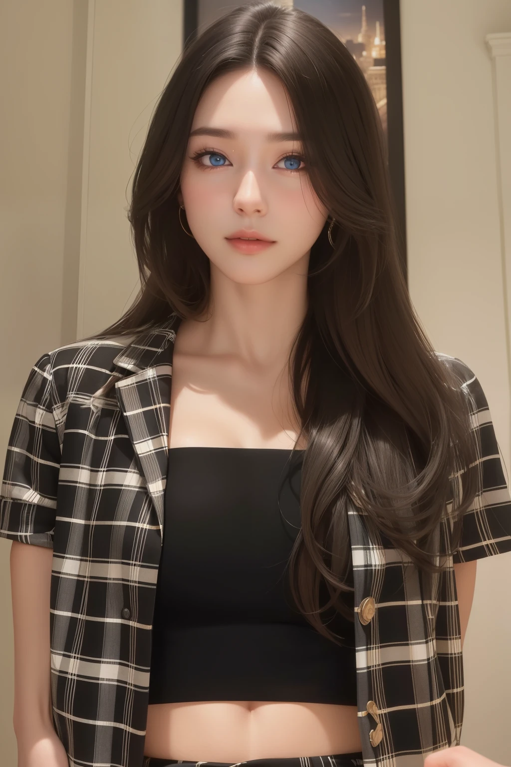 Beautiful big breastokeh), indoors, detailed luxury living room, gentle and charming beautiful goddess, Korean(kpop-idol), solo, necklace, oval face, double eyelids, smart, good hands, good feet, Natural, (from below angle), (glossy skin:1.05), ((low angle)), Perfect figure, (64k, UHD, RAW photo, best quality, masterpiece:1.4), (realistic, photo-realistic:1.37), ultra high res, photon mapping, radiosity, physically-based rendering, professional soft lighting, blue eyes, purpel hair