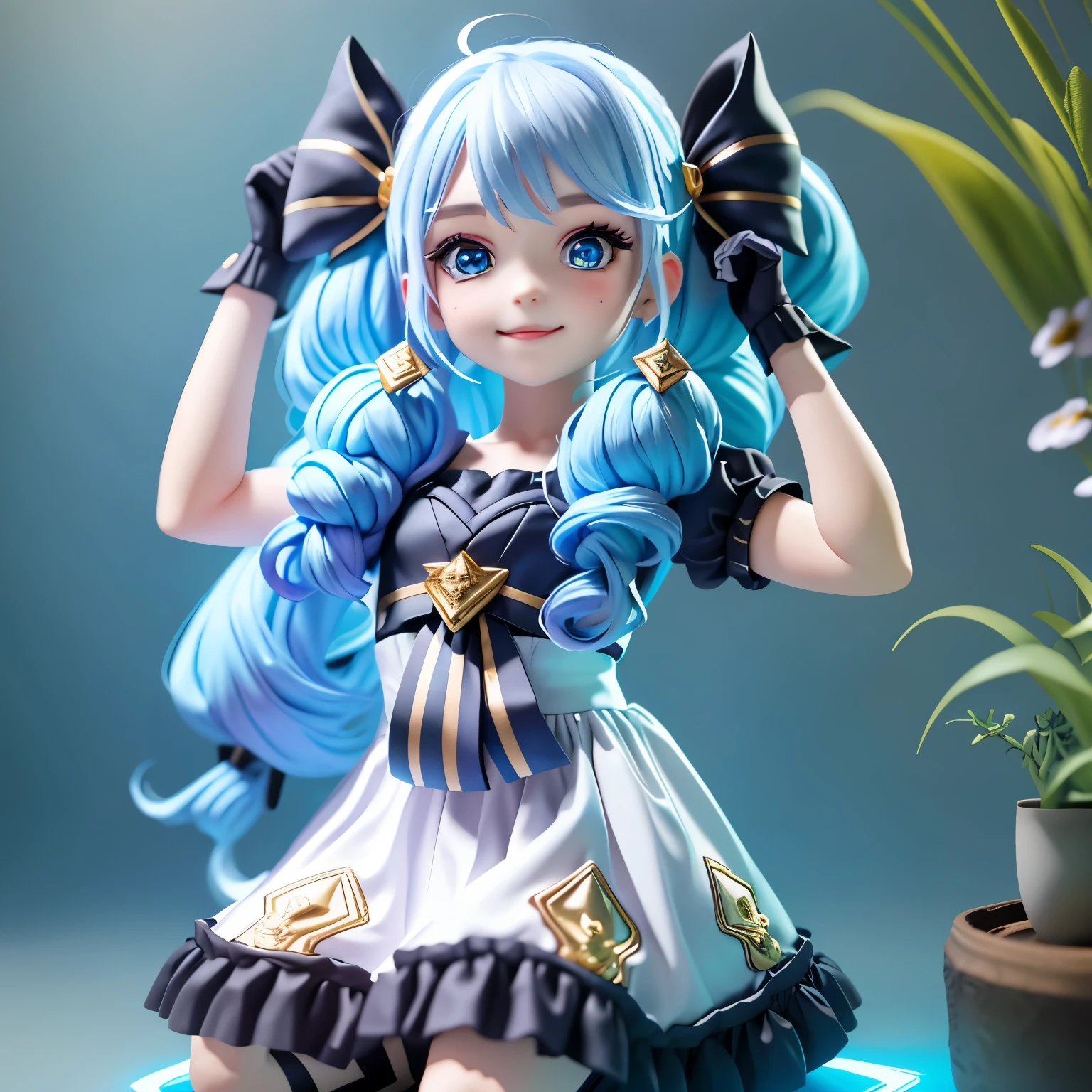 1 girl, Black bow, 黑Gloves, black socks, blue eyes, blue hair, clarkbone,Spiral braids, skirt, drill hair, frill skirt, frills, Gloves, Gwen\(League of Legends), hair accessories,high resolution,league legend,long white hair,chapped lips,puff sleeves,Pupils in pink color,smiling,solo,White skirt,X,10号hair accessories,sitting down,sit,inside the room,half naked,fine hair,Arm carving,blue hair,flowering,exquisite shoes,depiction of facial features,Exquisite facial features,Eye depiction,fine hair,popmart blind box,Clay texture,golden ratio,Black and white background,natural lighting,best quality,Ultra-detailed,3D art,c4d, Overclocked renderer, 3d rendering, 8k,varied actions,blush blush,Q version,(Big head doll:2),gnome,Round toot