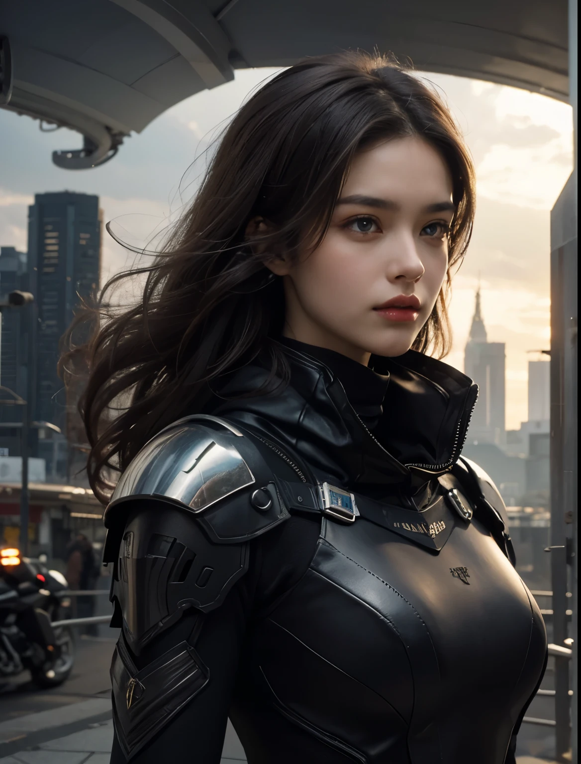 A beautiful woman. A woman is looking at the camera with a serious expression.Twenty years old. Dark brown hair. She wears a metallic black battle uniform. A futuristic city exists in the space next to her. The weather is cloudy.