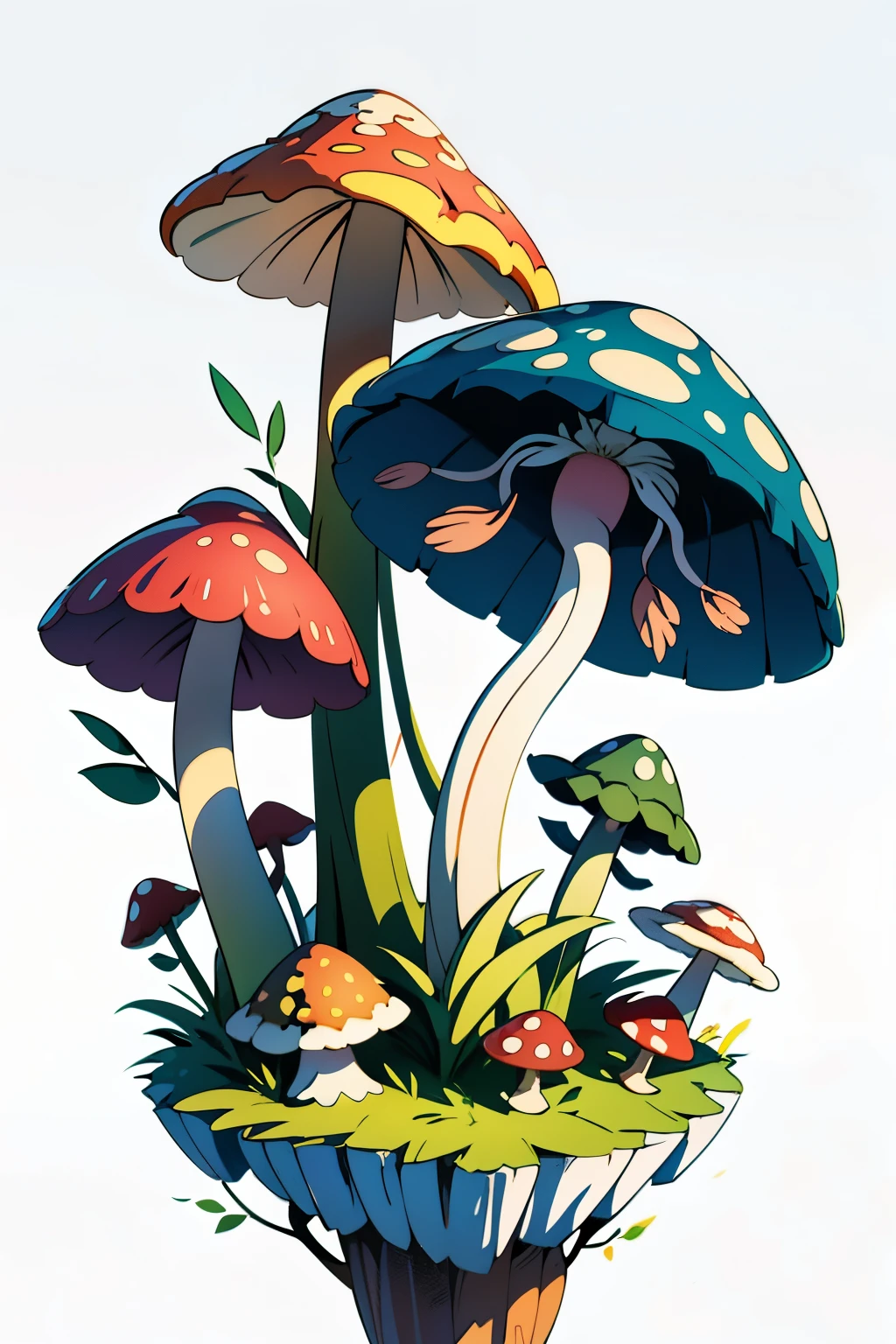 Whimsical digital illustration of enchanting mushrooms in vibrant colors, measurement: 1920x1080 pixels, high resolution: 4k, art style: flat, illustrative, playful, intricately detailed, performance: 60 frames per second. The mushrooms are rendered with the most exquisite and captivating textures, showcasing a diverse palette of hues that dance upon their cap surfaces. The white background enhances their visual allure, making each mushroom an ethereal, mesmerizing work of art. The interaction of light in this whimsical scene adds an additional layer of depth, as if inviting the audience to explore the