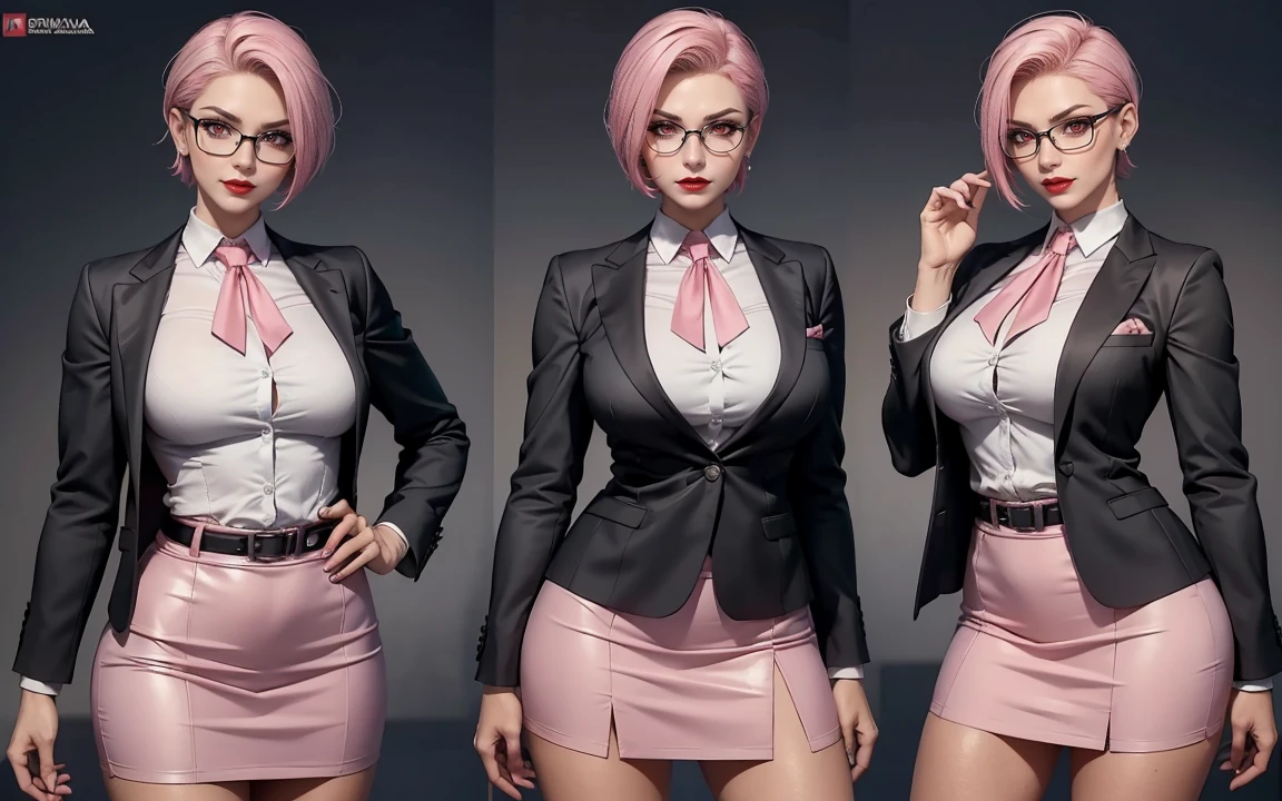 ((Masterpiece, Highest quality)), 8k, Detailed face, (character design sheet), full bodyesbian, Full of details, frontal body view, back body view, Highly detailed, Depth, Many parts, Multiple poses and expressions (mature woman) (short hair faded, undercut hairstyle) (red eyes), 35 years old, (name:Milana fox) ,dominant gorgeous girl, same character, muscle body, evil smile, angry expression red lips, (business suit), girl tall, chokers, (Sexy Office Lady ), tattoos, glasses, (short pink skirt), white shirt, pantyhose, stocking, black tie