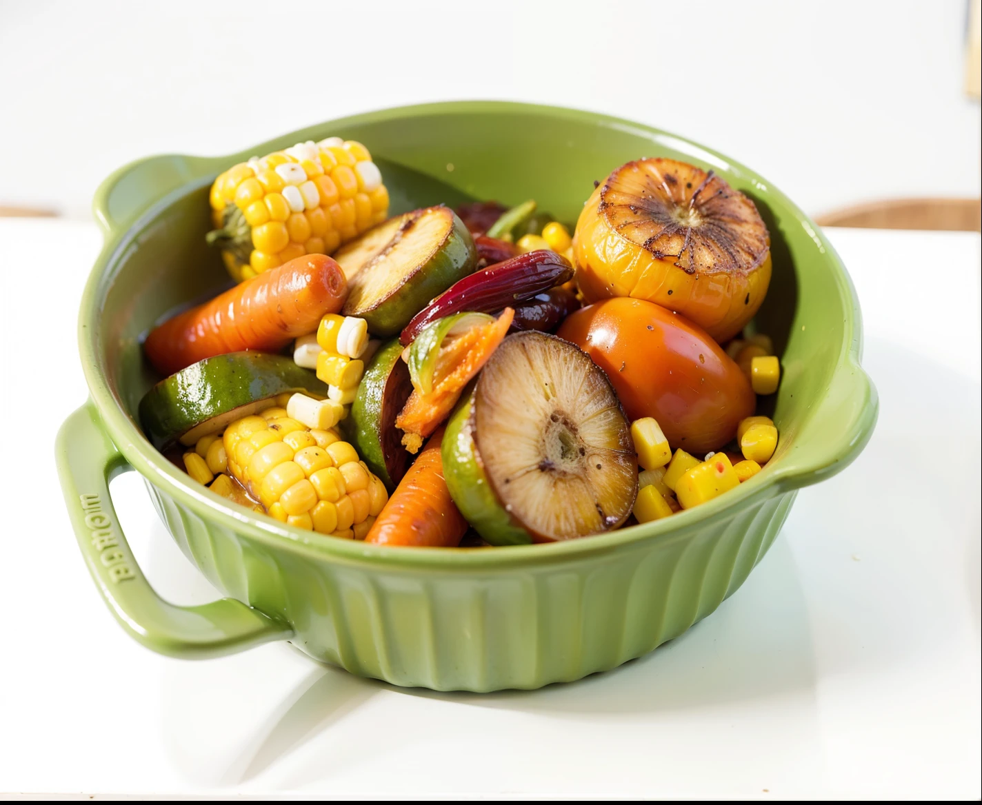 There are roasted vegetables, roasted corn, roasted carrots on the baking pan, roasted onions on the table, sunshine, realistic, photorealistic, ultra-wide angle, front corner, high definition, 8K 3D rendering, fine depiction, immersive details, 4kMagne16k