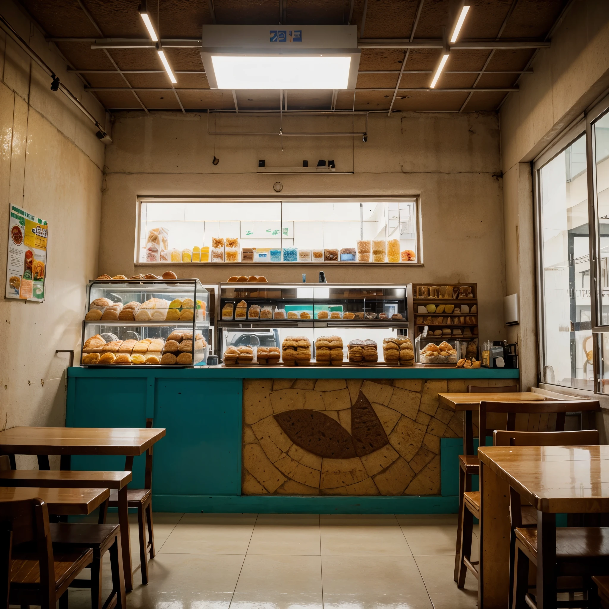 Interior photography of a snack bar (Brazilian poor neighborhood bakery style), low angle, cinematic, 4k, photorealistic, sharp details, high resolution, cool colors, high sharpness, photo