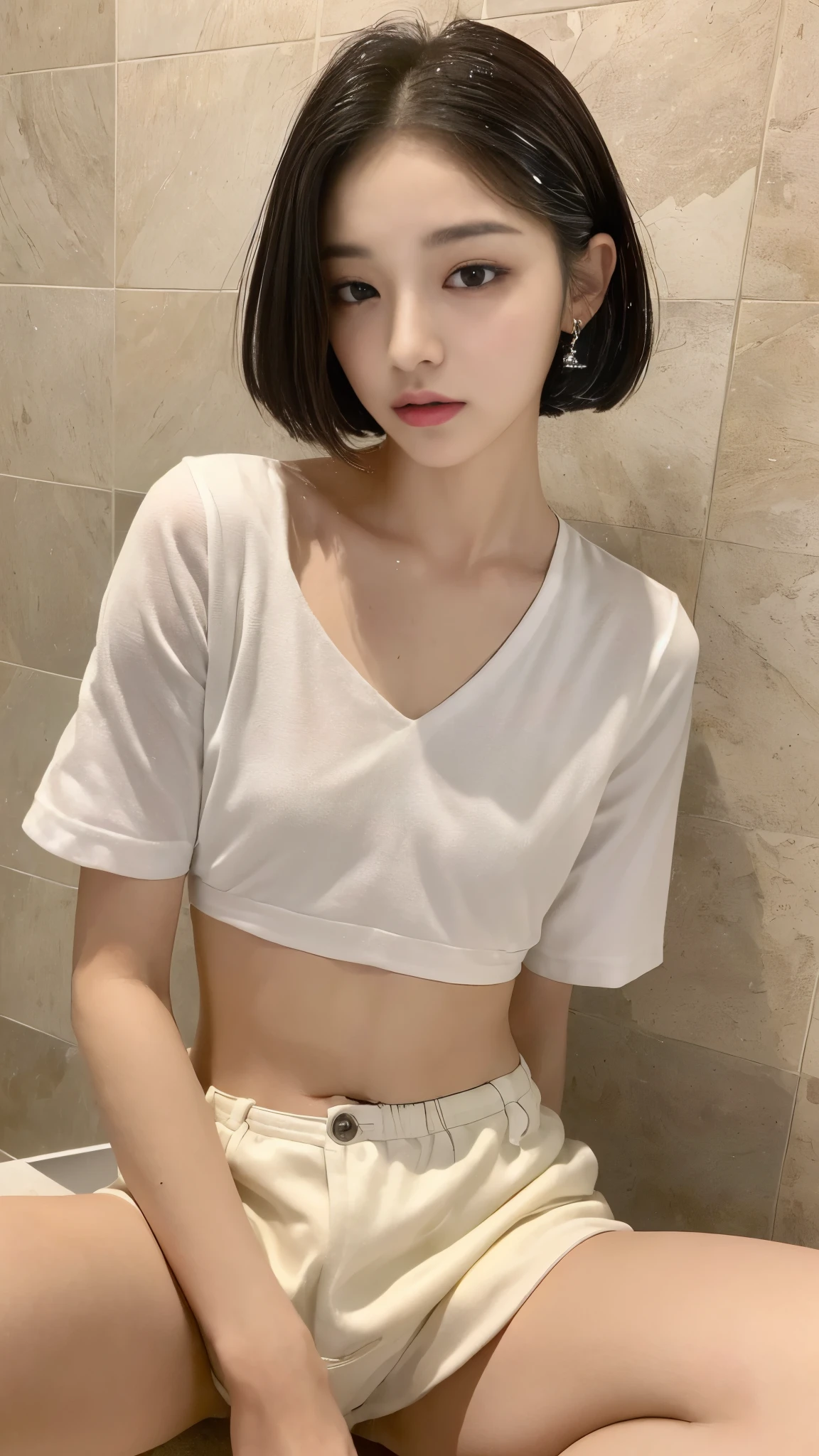 ((top quality, 16k, masterpiece: 1.3)), Mulheres Bonitas com Figura Perfeita: 1.4, slim abs: 1.2, (((short straight hair)), ((small: 1.4)), ((kpop idol: 1.3)), (Shower water)), ((White shirt)), (bathroom)), Highly detailed facial and skin textures, (posture)), (Tempting)), (spread your legs))