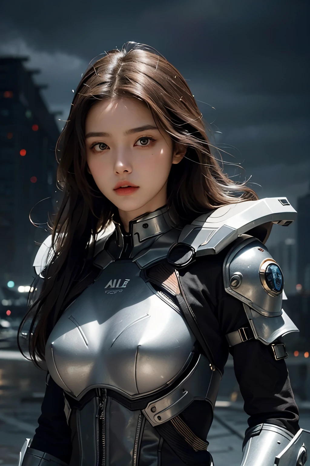 A beautiful woman. A woman is looking at the camera with a serious expression.Twenty years old. Dark brown hair. She wears a metallic black battle uniform. A futuristic city exists in the space next to her. The weather is cloudy.