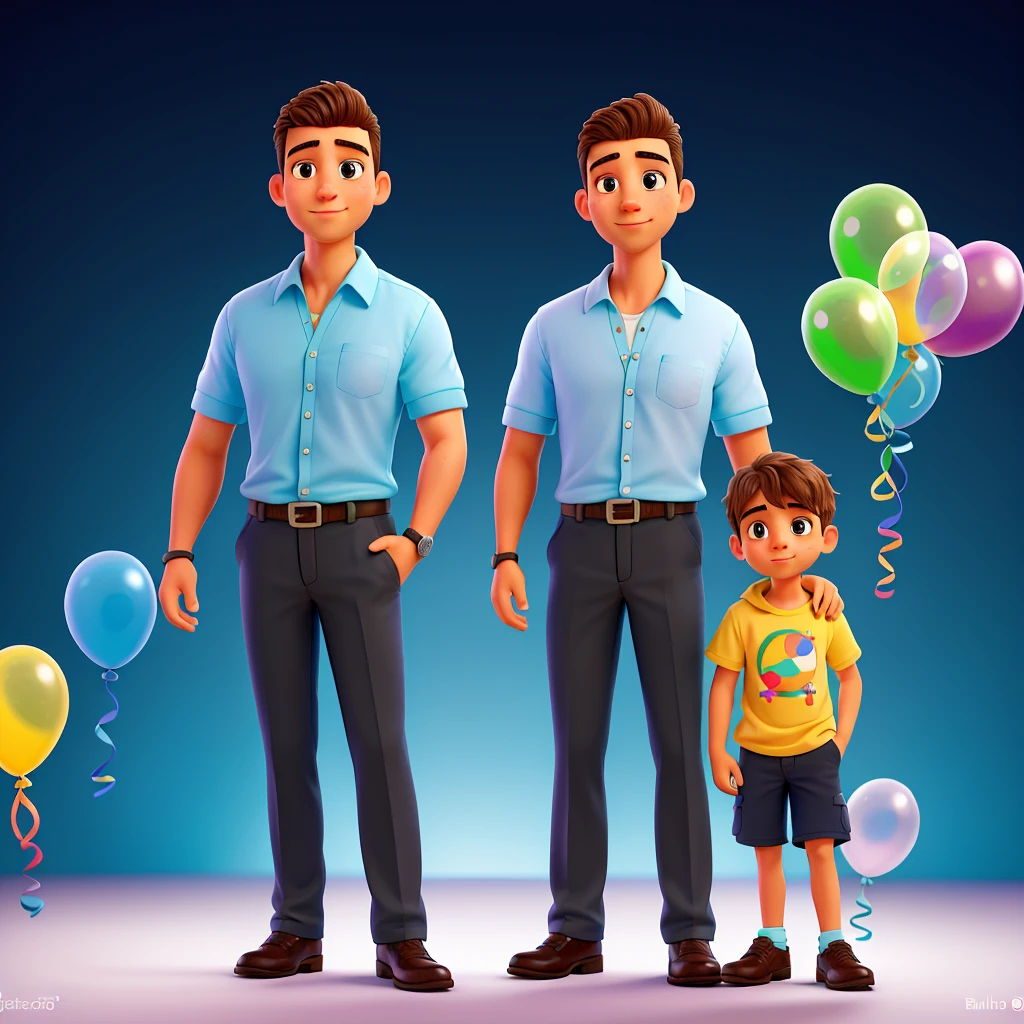 Un padre y un hijo, el padre extiende la mano a su hijo, rodeados de muchos globos que asoman coloridos y brillantes, con calidad perfecta y enfoque claro, la imagen realista muestra detalles intrincados, brillante y con bokeh suave, mejor calidad y piel detallada, los ojos del hijo brillan felizmente al mirar a su padre. (Father and son, father extends hand to son, surrounded by many colorful balloons, with clear focus and perfect quality, a realistic image shows intricate details, bright and with soft bokeh, higher quality and detailed skin,