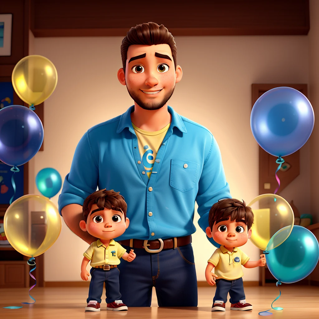 Un padre y un hijo, el padre extiende la mano a su hijo, rodeados de muchos globos que asoman coloridos y brillantes, con calidad perfecta y enfoque claro, la imagen realista muestra detalles intrincados, brillante y con bokeh suave, mejor calidad y piel detallada, los ojos del hijo brillan felizmente al mirar a su padre. (Father and son, father extends hand to son, surrounded by many colorful balloons, with clear focus and perfect quality, a realistic image shows intricate details, bright and with soft bokeh, higher quality and detailed skin,