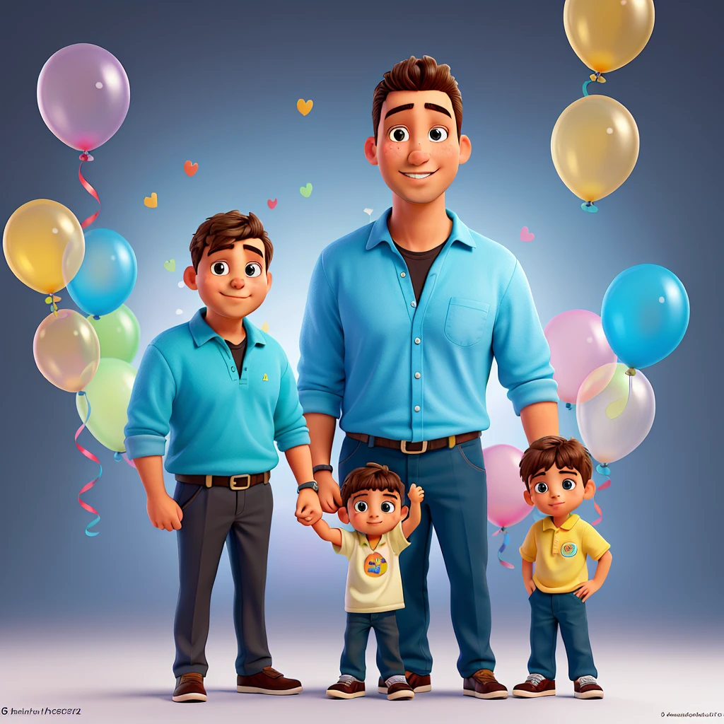 Un padre y un hijo, el padre extiende la mano a su hijo, rodeados de muchos globos que asoman coloridos y brillantes, con calidad perfecta y enfoque claro, la imagen realista muestra detalles intrincados, brillante y con bokeh suave, mejor calidad y piel detallada, los ojos del hijo brillan felizmente al mirar a su padre. (Father and son, father extends hand to son, surrounded by many colorful balloons, with clear focus and perfect quality, a realistic image shows intricate details, bright and with soft bokeh, higher quality and detailed skin,