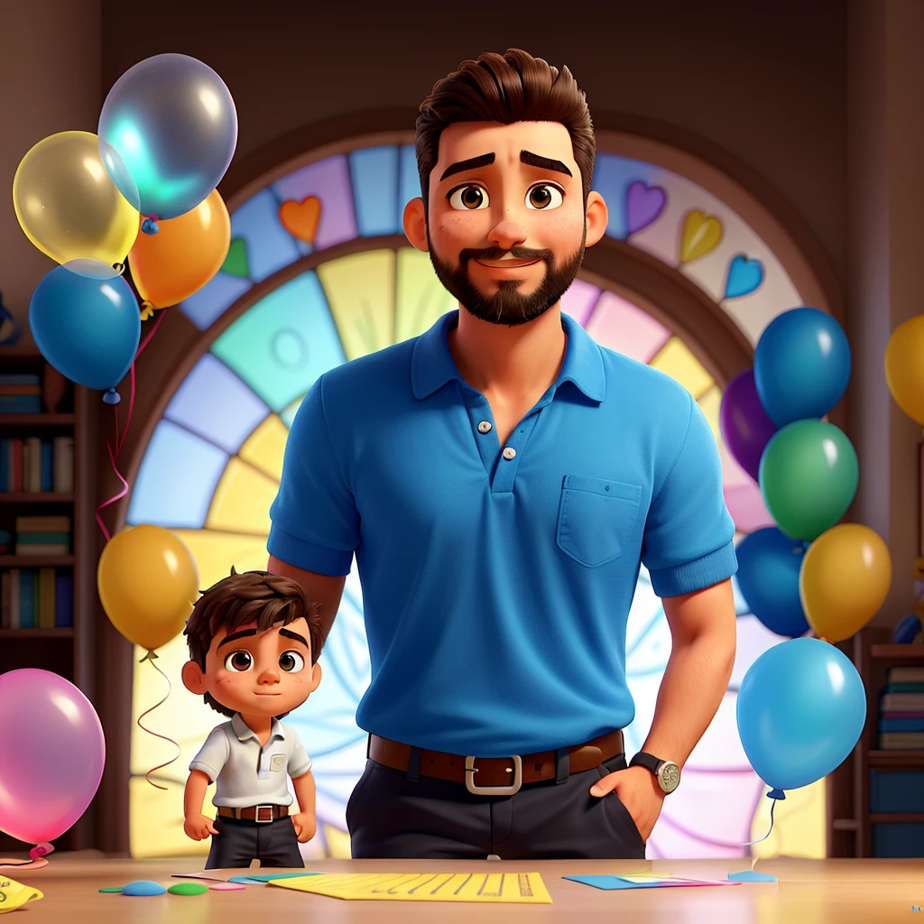 Un padre y un hijo, el padre extiende la mano a su hijo, rodeados de muchos globos que asoman coloridos y brillantes, con calidad perfecta y enfoque claro, la imagen realista muestra detalles intrincados, brillante y con bokeh suave, mejor calidad y piel detallada, los ojos del hijo brillan felizmente al mirar a su padre. (Father and son, father extends hand to son, surrounded by many colorful balloons, with clear focus and perfect quality, a realistic image shows intricate details, bright and with soft bokeh, higher quality and detailed skin,