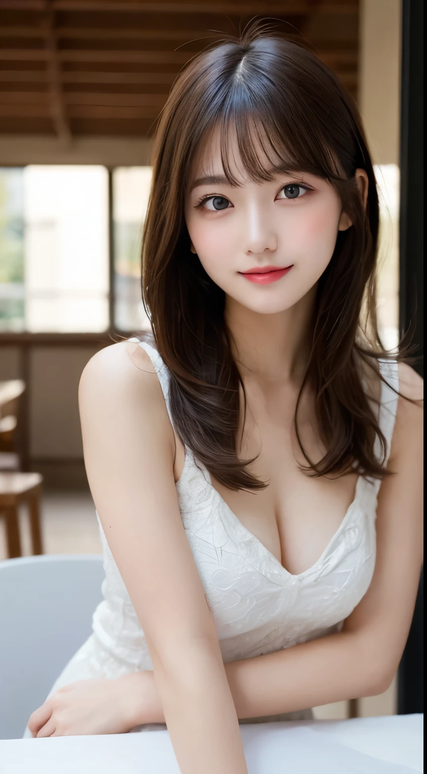 table top, highest quality, figure, super detailed, finely, High resolution, 8k wallpaper, 完璧なダイナミックな構figure, beautiful and fine eyes, ladies fashion summer,medium hair,small breasts natural color lip, bold sexy pose,smile,Harajuku、20 year old girl、cute、sexy shot looking at camera
