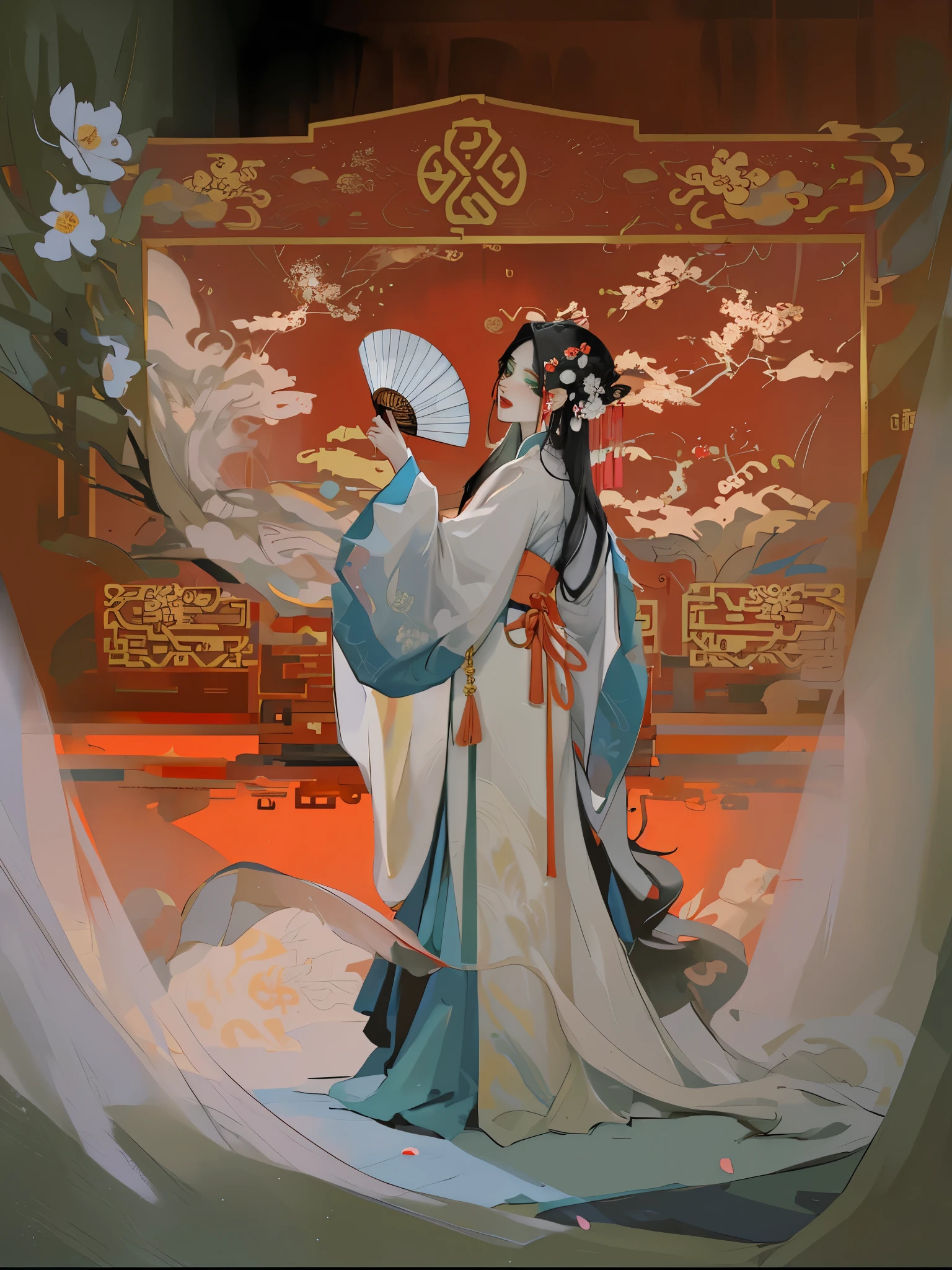 (best quality), ((masterpiece)), (highres), illustration, original, a woman singing opera on the stage, red, Beijing opera, drum, play box, radio, peeling opera facial makeup on face,Solo, 1Girl, holding, standing, long hair, (China_dress: 1.2), (green eyes: 1.1), colored candy, black hair, looking at the audience, upper body, (lantern/lamp: 1.1), flowers, Spring Festival, New Yeareworks: 1.1), long sleeves, Oriental dragon, white background, red shoes, hair accessories, blue theme, Chinese architectural background xiju,,solo,black hair,from side:1.4,hair ornament,makeup,long hair,chinese clothes,looking at viewer,long sleeves,upper body,headdress,eyeshadow,(red background:1.4),