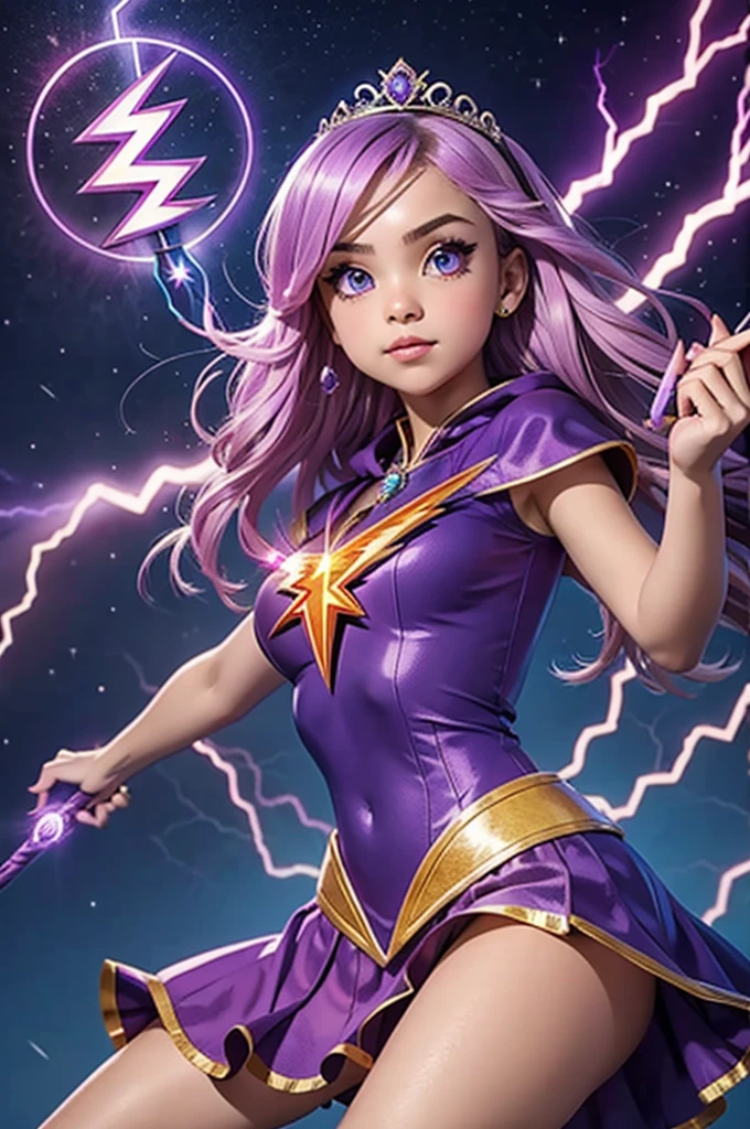 A cute  girl is in a strange jewel inlaid outfit, she has a tiara with a magic symbol, her eyes are violet, she is in an action pose wielding a wand that has a heart motif, electricity dances around her and she hurls a lightning bolt from her wand