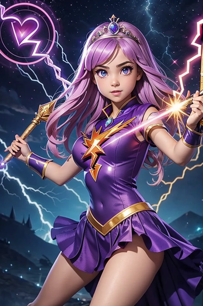 A cute teenage girl is in a strange jewel inlaid outfit, she has a tiara with a magic symbol, her eyes are violet, she is in an action pose wielding a wand that has a heart motif, electricity dances around her and she hurls a lightning bolt from her wand