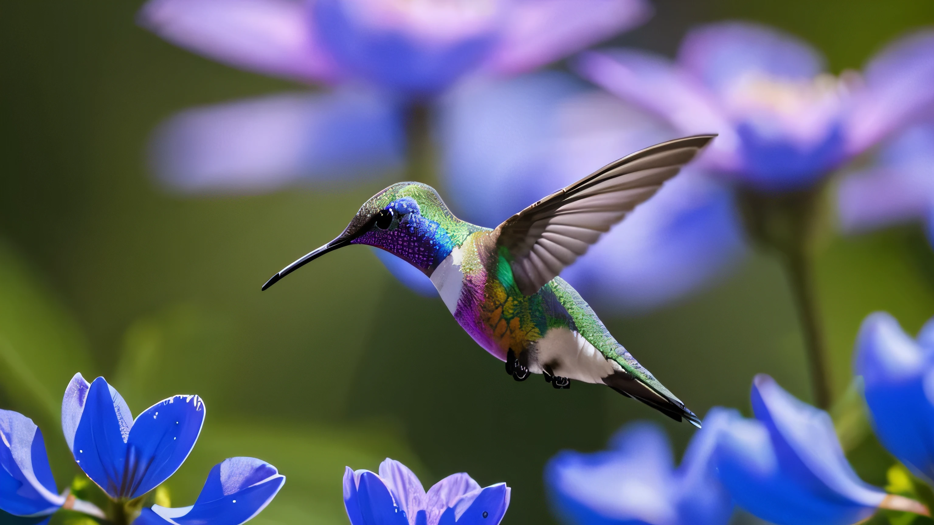 Um colibri colorido pairando na frente de uma linda flor azul. detalhes finos, cores vivas, improve lighting, foto profissional, High definition, 8k, trabalho de arte.