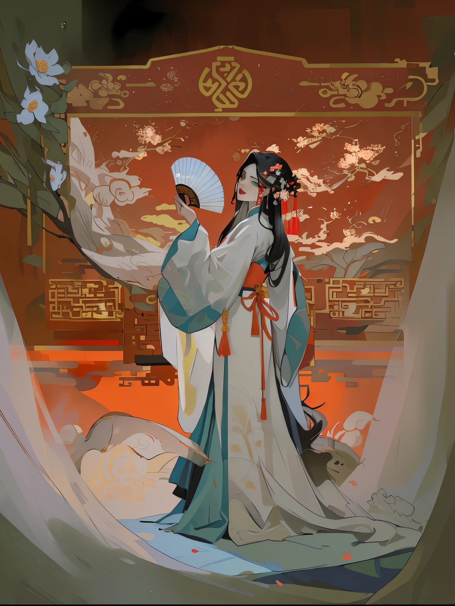(best quality), ((masterpiece)), (highres), illustration, original, a woman singing opera on the stage, red, Beijing opera, drum, play box, radio, peeling opera facial makeup on face,Solo, 1Girl, holding, standing, long hair, (China_dress: 1.2), (green eyes: 1.1), colored candy, black hair, looking at the audience, upper body, (lantern/lamp: 1.1), flowers, Spring Festival, New Yeareworks: 1.1), long sleeves, Oriental dragon, white background, red shoes, hair accessories, blue theme, Chinese architectural background xiju,,solo,black hair,from side:1.4,hair ornament,makeup,long hair,chinese clothes,looking at viewer,long sleeves,upper body,headdress,eyeshadow,(red background:1.4),