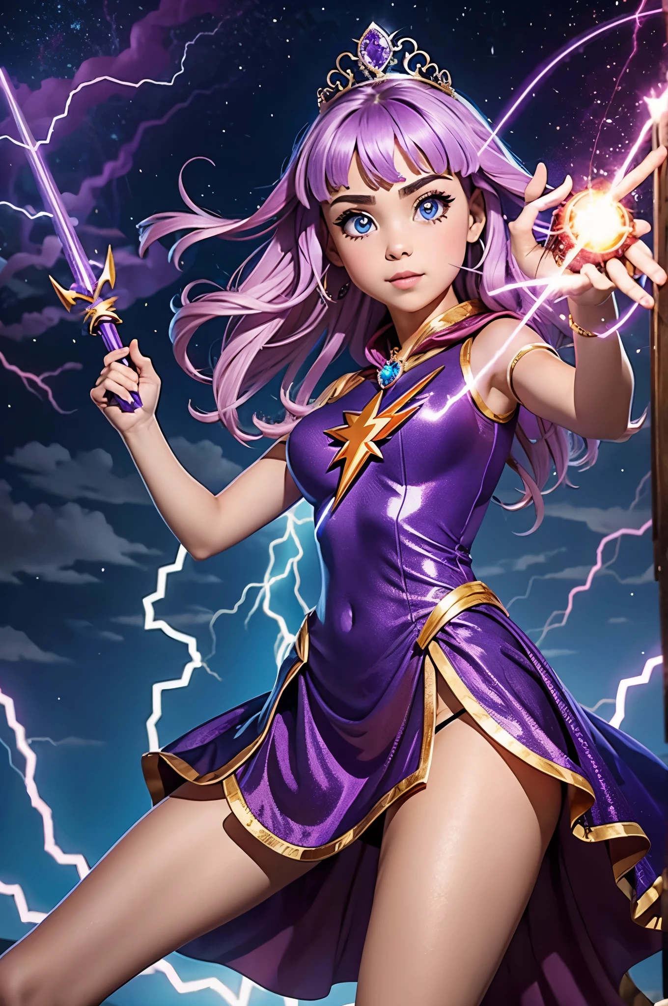 A cute teenage girl is in a strange jewel inlaid outfit, she has a tiara with a magic symbol, her eyes are violet, she is in an action pose wielding a wand that has a heart motif, electricity dances around her and she hurls a lightning bolt from her wand