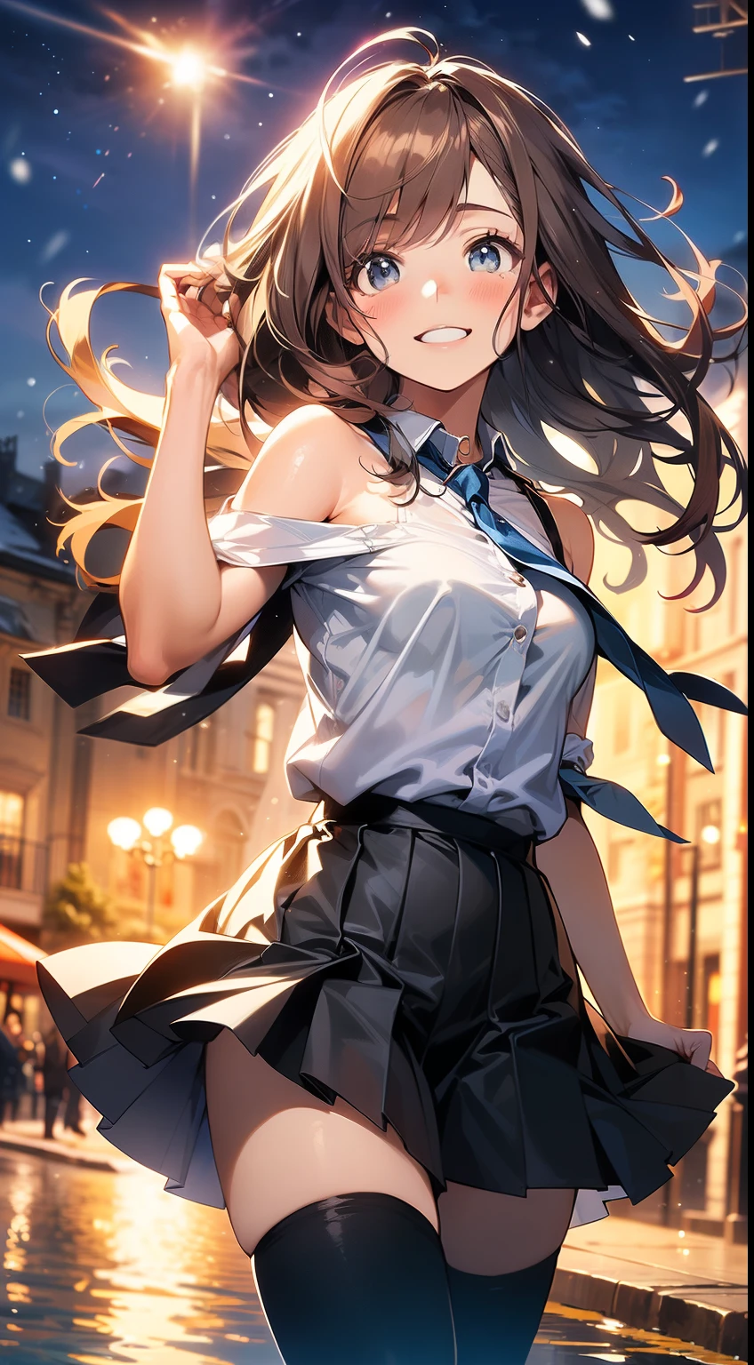 ((masterpiece, best quality, high resolution, ultra high definition, Pixel perfect, wide angle, 4K, RTX, human development report))), 1girl in, single, alone, Beauty、see whole body、 (( Reddish-brown hair , very long hair , Short Liuhai )), ((blue eyes, beautiful eyelashes, realistic eyes,Confident eyebrows)), ((Detailed face, blush:1.2)), ((smooth texture:0.75, lifelike质感:0.65, lifelike:1.1, Anime CG style)), medium breasts, Perfect body, (( Shoulderless low-cut jumper, pleated skirt, bare shoulders ,Black tights ,Black boots)), Smile, Bend over to tie your shoes , (The wind blows the long hair,bare shoulders、exposing her chest、Black tights) , Lakeside at night ,It was snowing heavily
