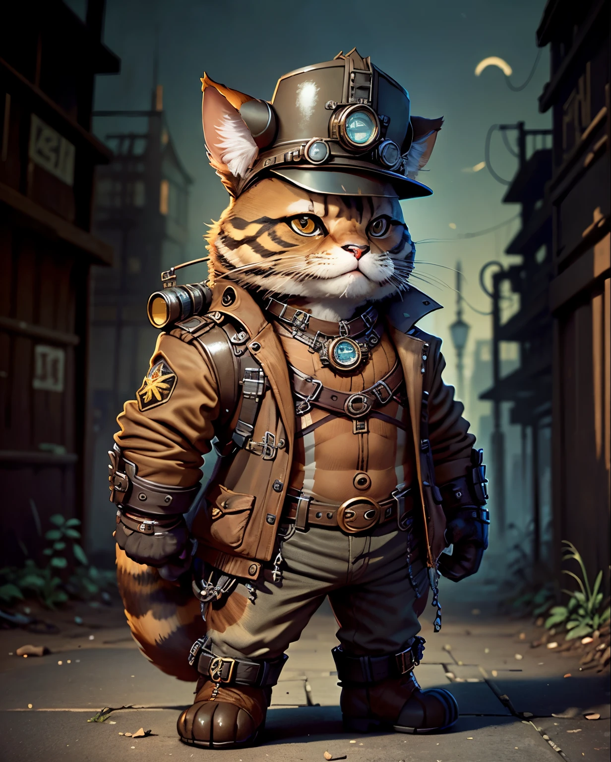 c4tt4stic, british short hair cat wearing steampunk armor, wearing steampunk hat. standing, stunning style. background steampunk city.