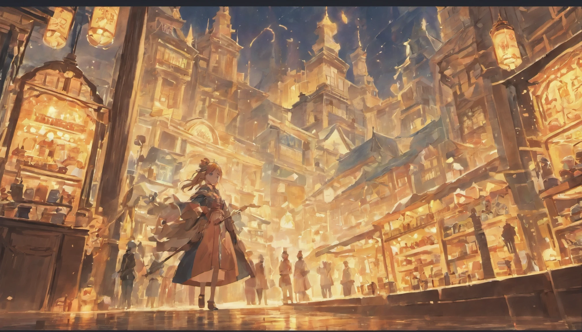 Cute female merchant selling magical items in a busy market,fantasic world,wearing robe,many goods display,masterpiece,soft line,midnight,many lightning ,floating castle over there,many people,dynamic angle,A port town on a slope facing the sea
