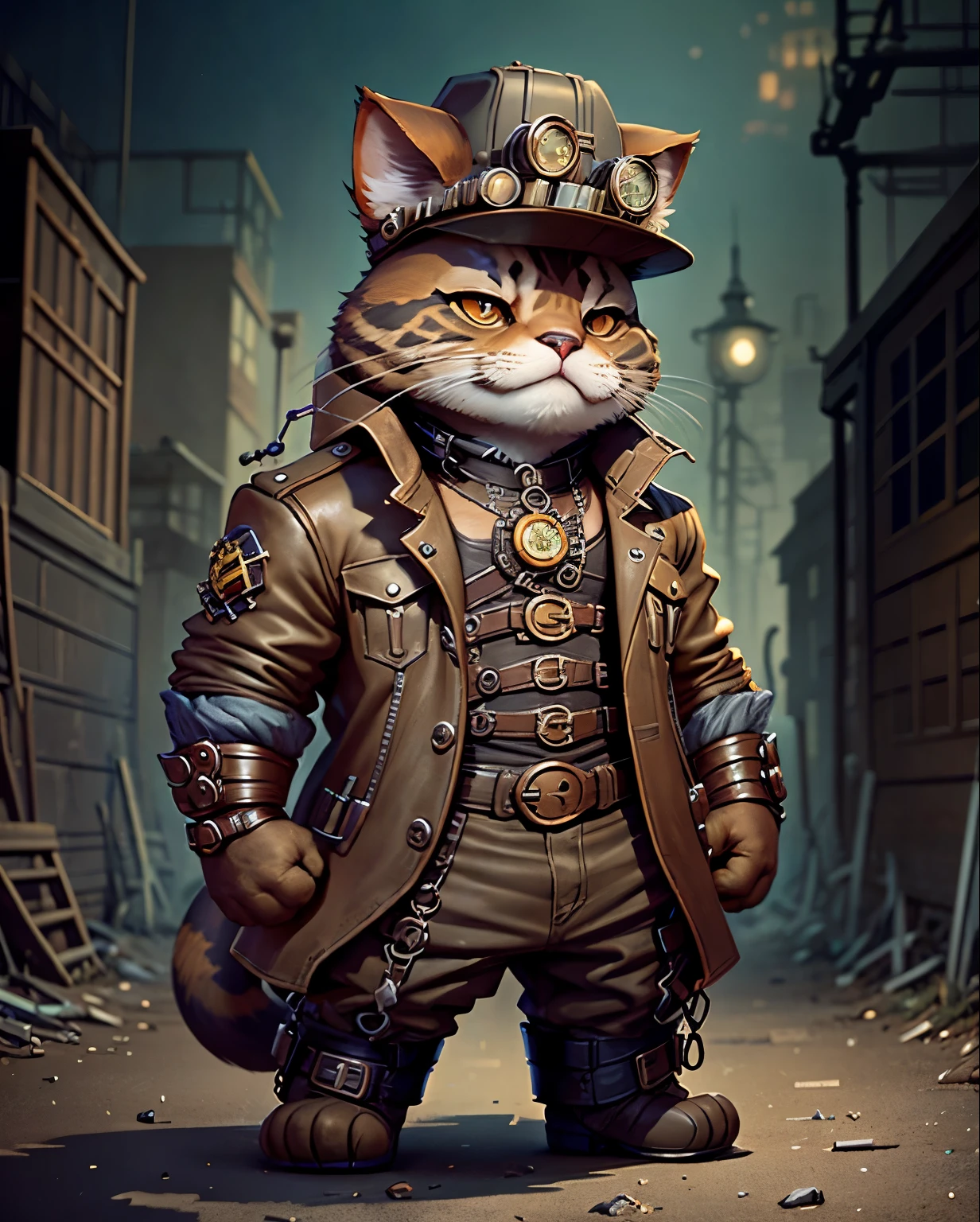 c4tt4stic, cartoon british short hair cat wearing steampunk armor, wearing steampunk hat. standing, stunning style. background steampunk city.