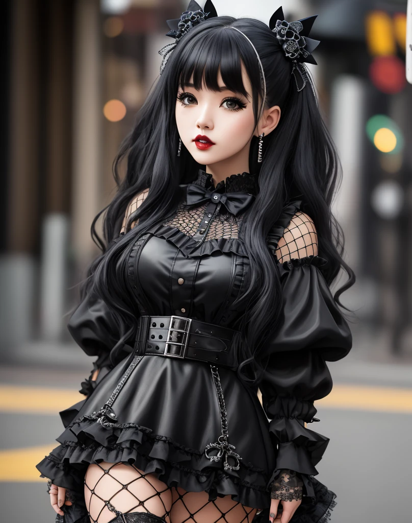 Masterpiece, absurdres,award winning photo, extremely detailed, amazing, fine detail, extremely detailed eyes and face, by lee jeffries nikon d850 film stock photograph 4 kodak portra 400 camera f1.6 lens rich colors hyper realistic lifelike texture dramatic lighting unrealengine trending on artstation cinestill 800 tungsten,goth woman, thepit bimbo, glossy, (face ultra closeup shot:1.325)

 GothGal, (ultra short skirt, fishnet stockings, gothic print, imprinted skulls:1.25), a woman in a black and white outfit is standing on the street,woman wearing a GothGal outfit, large boots, twin tail, frilly dress, lace, ribbon, lipstick, pale skin