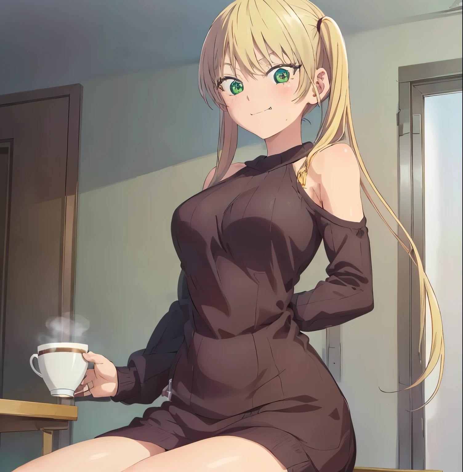 masterpiece, best quality, 1girl, alone ,mirika, hoshizaki rika \(kanojo mo kanojo\), green eyes, tsurime, eyelashes, blonde hair, long hair, twintails, sidelocks, fang, large breasts, indoors, cafe,  sweater, clothing cutout, ribbed sweater, bare shoulders, green eyes,looking at viewer,sitting, blush smile, excellent hands, excellent hands 