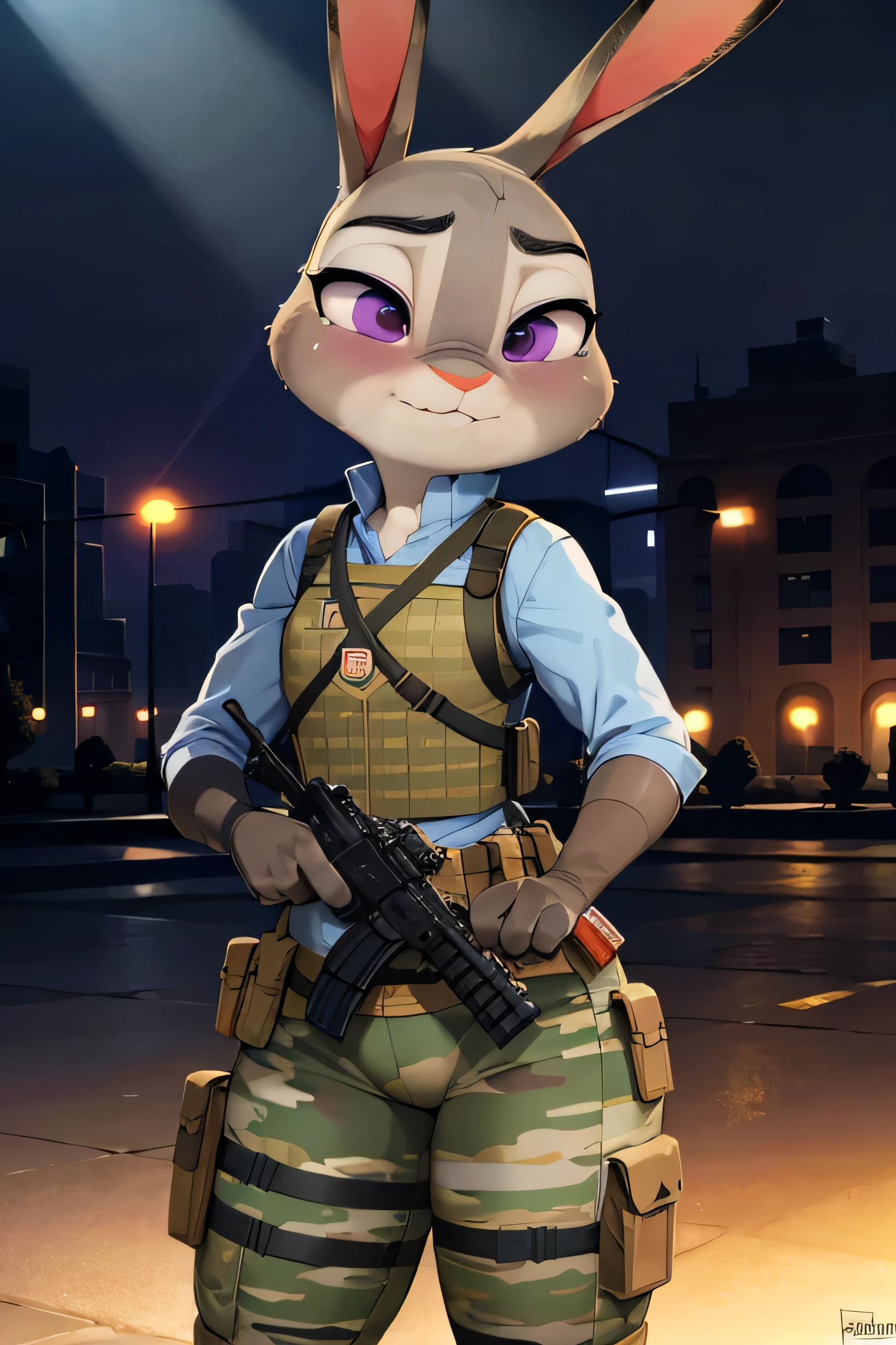 brown military camouflage uniform, tactical plate carrier vest, peaceful garden, lonely girl, Judy Hopps, using a Keffiyeh mask, little body, adorable face, cute expression, perfect anatomy, beautiful scenery, detailed face, best quality, realistic, ultra-detailed, vibrant colors, soft lighting.
