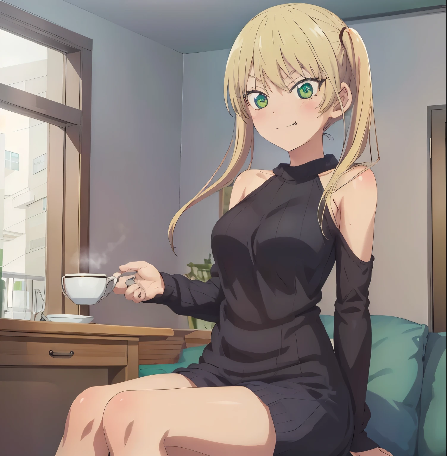 masterpiece, best quality, 1girl, alone ,mirika, hoshizaki rika \(kanojo mo kanojo\), green eyes, tsurime, eyelashes, blonde hair, long hair, twintails, sidelocks, fang, large breasts, indoors, cafe,  sweater, clothing cutout, ribbed sweater, bare shoulders, green eyes,looking at viewer,sitting, blush smile, excellent hands, excellent hands 