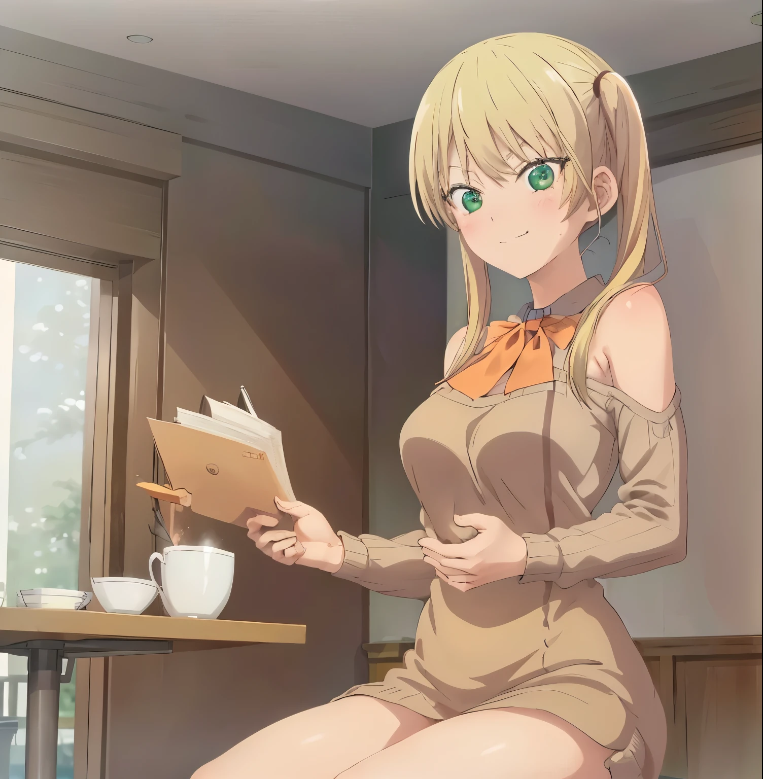 masterpiece, best quality, 1girl, alone ,mirika, hoshizaki rika \(kanojo mo kanojo\), green eyes, tsurime, eyelashes, blonde hair, long hair, twintails, sidelocks, fang, large breasts, indoors, cafe,  sweater, clothing cutout, ribbed sweater, bare shoulders, green eyes,looking at viewer,sitting, blush smile, excellent hands, excellent hands 