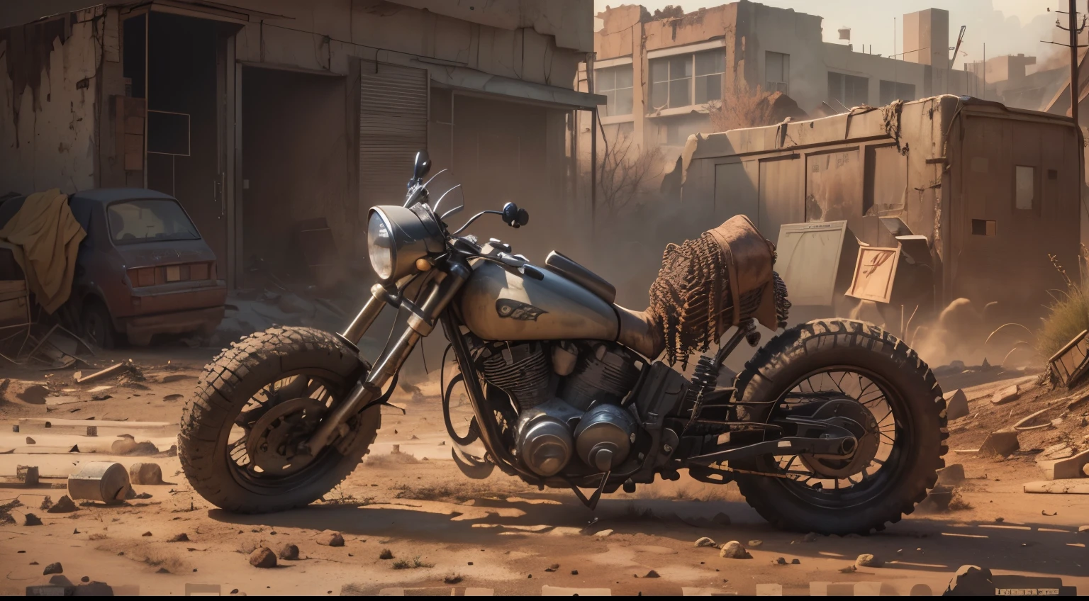 (Best quality,4K,8K,A high resolution,Masterpiece:1.2),Ultra-detailed, (Realistic,Photorealistic,photo-realistic:1.37),(((Post apocalyptic scenario, Desolate atmosphere, Dystopian landscape)))，madmax，Postmodern wasteland punk style skeletons，Ride a motorcycle to spray flames, steampunk style, cinematic lighting. 