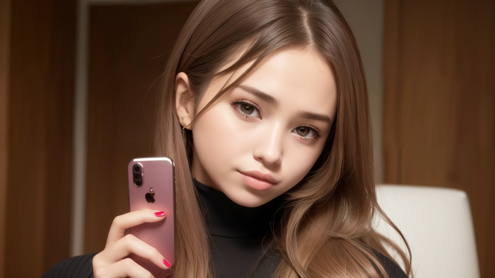 there is a woman that is holding a cell phone in her hand, Retrato de Sophie Mudd, linda jovem, rosto bonito, nua sexy sorrindo