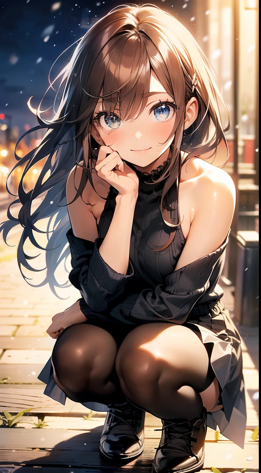 ((masterpiece, best quality, high resolution, ultra high definition, Pixel perfect, wide angle, 4K, RTX, human development report))), 1girl in, single, alone, Beauty、see whole body、 (( Reddish-brown hair , very long hair , Short Liuhai )), ((blue eyes, beautiful eyelashes, realistic eyes)), ((Detailed face, blush:1.2)), ((smooth texture:0.75, lifelike质感:0.65, lifelike:1.1, Anime CG style)), ??????????????, Perfect body, (( Shoulderless low-cut jumper, pleated skirt, ???? shoulders ,Black tights ,Black boots)), Smile, squatting position , (The wind blows the long hair，???? shoulders、exposing her ?????、Black tights) , Lakeside at night ,It was snowing heavily