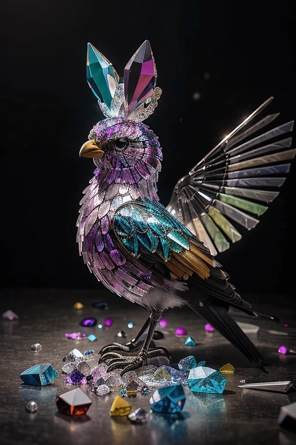 a bird made of colorful crystals sitting on a crystal branch ,ultra hd ,4k, shiny colors,
