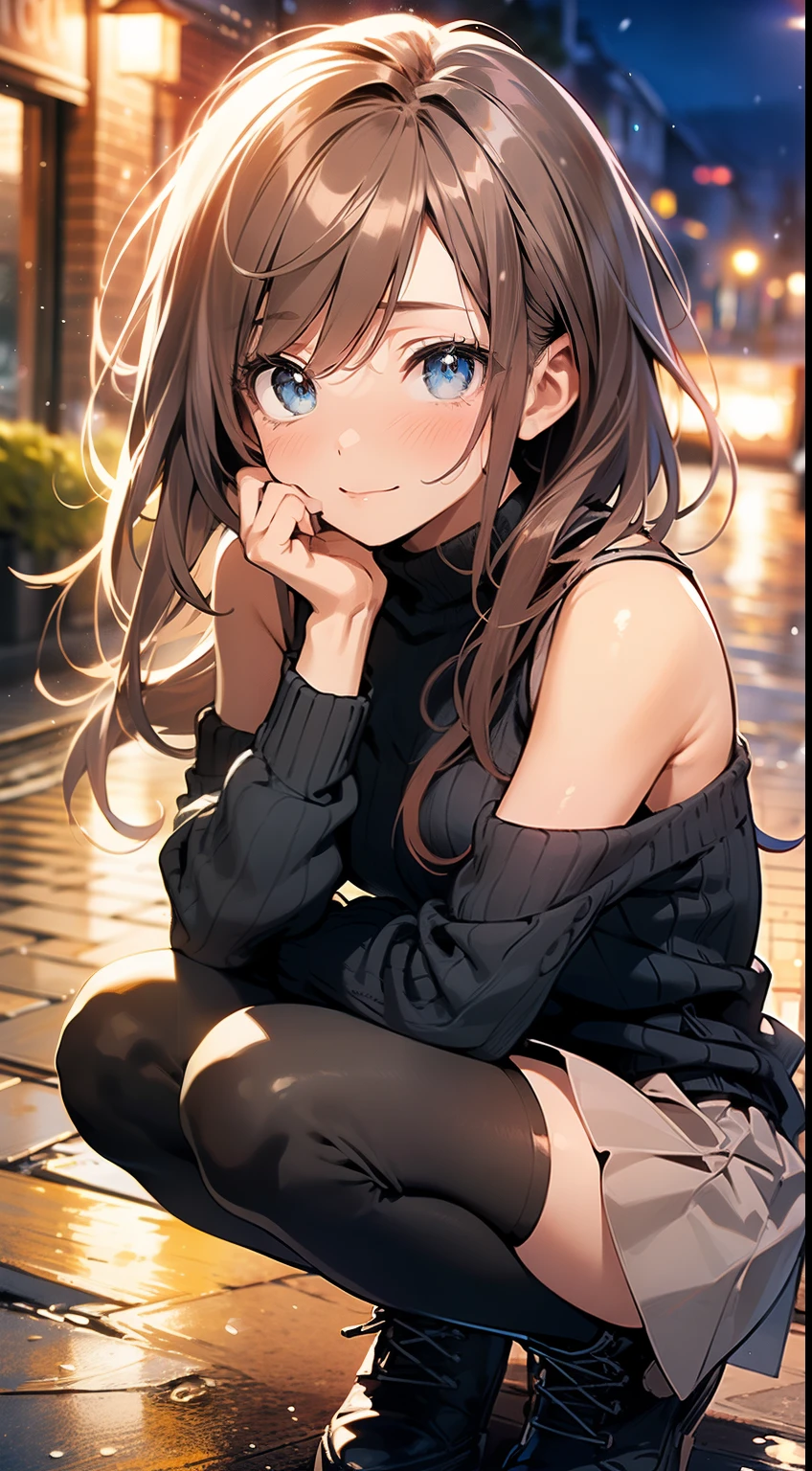((masterpiece, best quality, high resolution, ultra high definition, Pixel perfect, wide angle, 4K, RTX, human development report))), 1girl in, single, alone, Beauty、see whole body、 (( Reddish-brown hair , very long hair , Short Liuhai )), ((blue eyes, beautiful eyelashes, realistic eyes)), ((Detailed face, blush:1.2)), ((smooth texture:0.75, lifelike质感:0.65, lifelike:1.1, Anime CG style)), medium breasts, Perfect body, (( Shoulderless low-cut jumper, pleated skirt, bare shoulders ,Black tights ,Black boots)), Smile, squatting position , (The wind blows the long hair，bare shoulders、exposing her chest、Black tights) , Lakeside at night ,It was snowing heavily