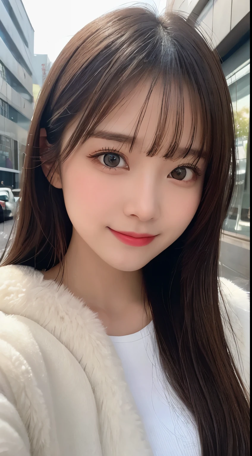 table top, highest quality, shape, Super detailed, finely, High resolution, 8k wallpaper, 完璧なダイナミックな構shape, beautiful and detailed eyes, tokyo trend冬ファッション,tokyo trend&Introducing cute hairstyles at random, small breasts, natural color lip, random sexy pose,cute smile,20 year old girl、beautiful and detailed face、perfect and beautiful face,Big eyes、Wear fluffy black outerwear with fur、beautiful detailed face、perfect and beautiful double eyelids、blur the background、perfect and beautiful face、Feminine poses、blur the background、slim face and style、blur background