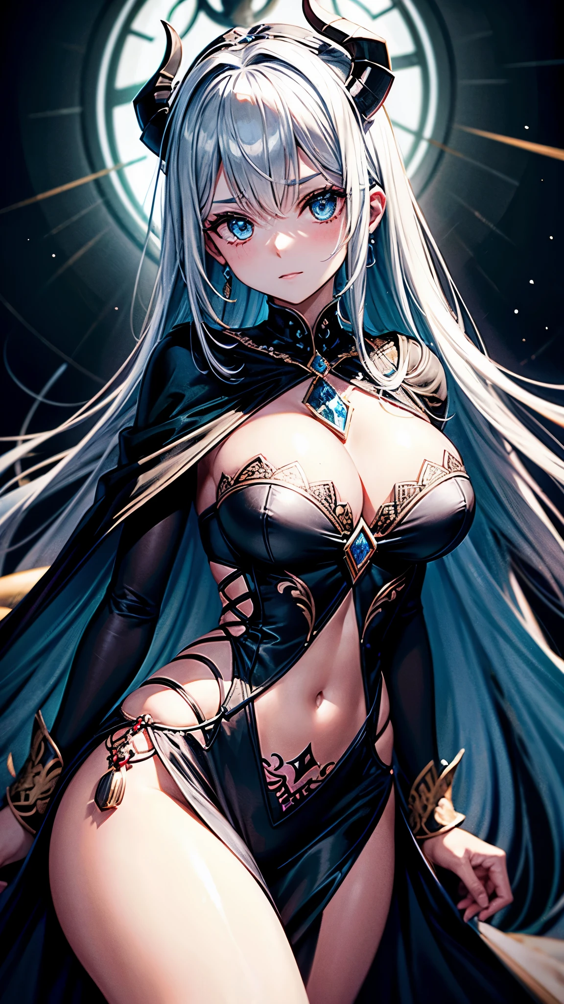 Uma garota de cabelo vermelhos e olhos azuis, wears elegant ebony armor, adornada com intrincados detalhes em prata, that enhance your demonic nature. Armor hugs your curves, ressaltando sua silhueta esbelta. O elmo possui chifres finamente esculpidos, reflecting your demonic heritage, while a thin layer of shadows dances around her, conferindo um toque misterioso.
Um manto negro e fluido, que parece absorver a luz ao seu redor, complementa sua vestimenta. Magical symbols of darkness are embroidered on the cloak, echoing his mastery over that element. Adornando seus pulsos, enchanted bracelets emit a soft blue luminescence, destacando seus cabelos ruivos e olhos azuis.