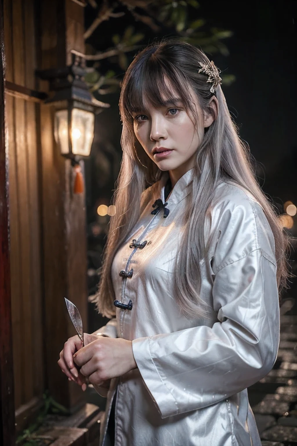 Masterpiece, best quality, night, outdoors, rainy days, branches, Chinese style, ancient China, 1 woman, mature woman, silver white long haired woman, gray blue eyes, light pink lips, cold, serious, weak, bangs, assassins, short knives, white clothes, black clothing patterns, blood stains, blood, injuries, blood on the face, blood on the clothes, rain, fine face, fine face,