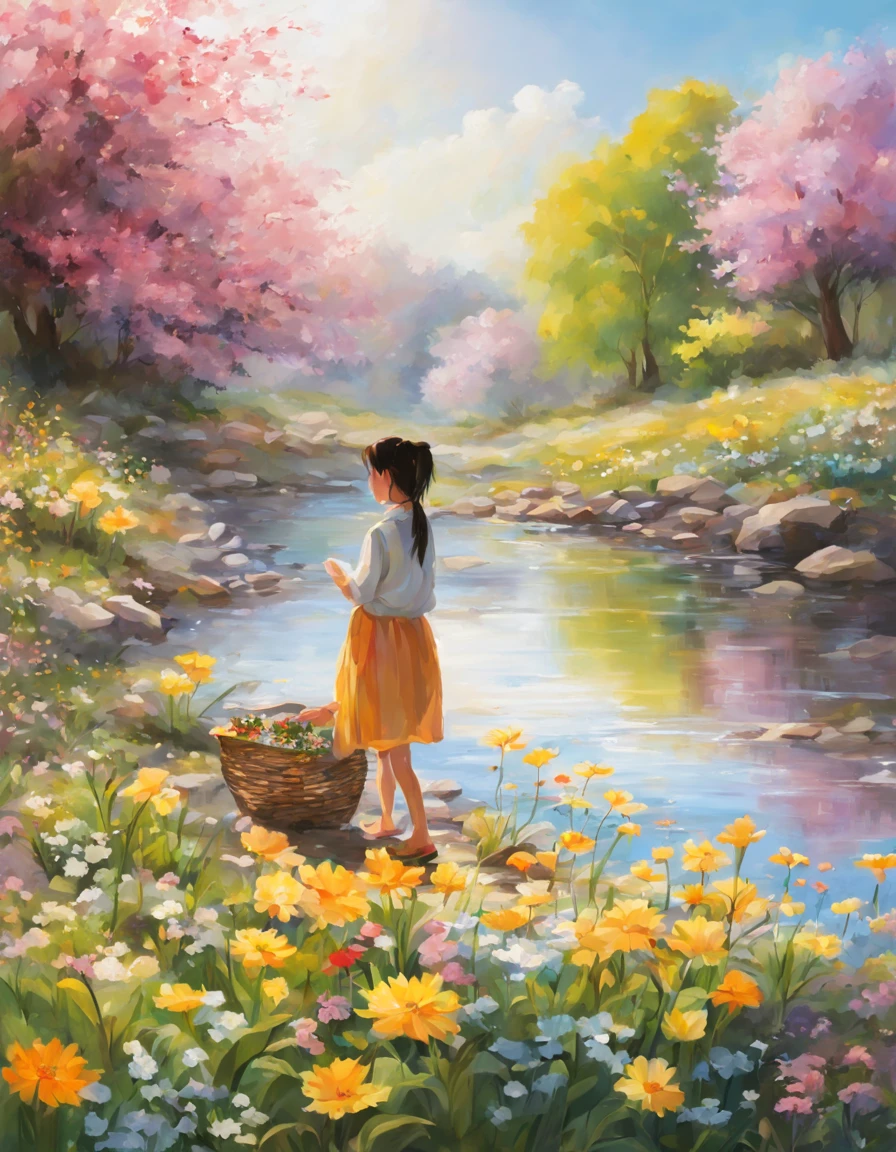 Warm daylight, tender green bamboo shoots, tender green willow branches, grass, standing spring, yellow spring flowers, girl wearing skirt, masterpiece,Girl Leaves Wind and Sunshine Little(tmasterpiece,top Quority,best qualtiy,offcial art,Beauty and aesthetics:1.2),(1girl),Extremely detailed,(s fractal art:1.3),extremely colorful, style of anime4 K, Guviz-style artwork, Beautiful character painting, Beautiful digital artwork, A beautiful artwork illustration, a beautiful anime portrait, in the art style of bowater,