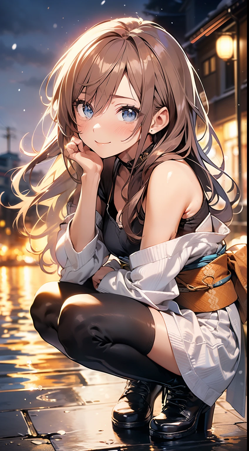 ((masterpiece, best quality, high resolution, ultra high definition, Pixel perfect, wide angle, 4K, RTX, human development report))), 1girl in, single, alone, Beauty、see whole body、 (( Reddish-brown hair , very long hair , Short Liuhai )), ((blue eyes, beautiful eyelashes, realistic eyes)), ((Detailed face, blush:1.2)), ((smooth texture:0.75, lifelike质感:0.65, lifelike:1.1, Anime CG style)), medium breasts, Perfect body, (( Japanese kimono, pleated skirt, bare shoulders ,Black tights ,Black boots)), Smile, squatting position , (The wind blows the long hair,bare shoulders、exposing her chest、Black tights) , Lakeside at night ,It was snowing heavily