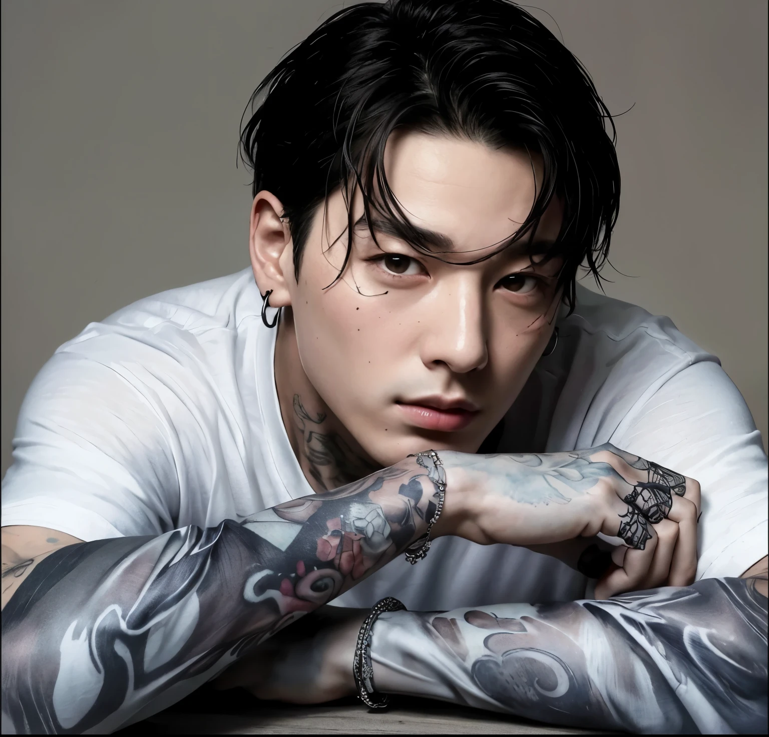 Jeon Jungkook with tattoos on his arms and his arm resting on a table., Jungkook do BTS, hyperarte realistastyle, inspirado por Jungkook, fotorrealista!!!!!!! Artistic style, Retrato ultra realista, cute japanese demon boy, Jungkook, inspirado em Jungkook BTS, Estilo Jungkook, arte realista, hiperrealismo!!, arte realista